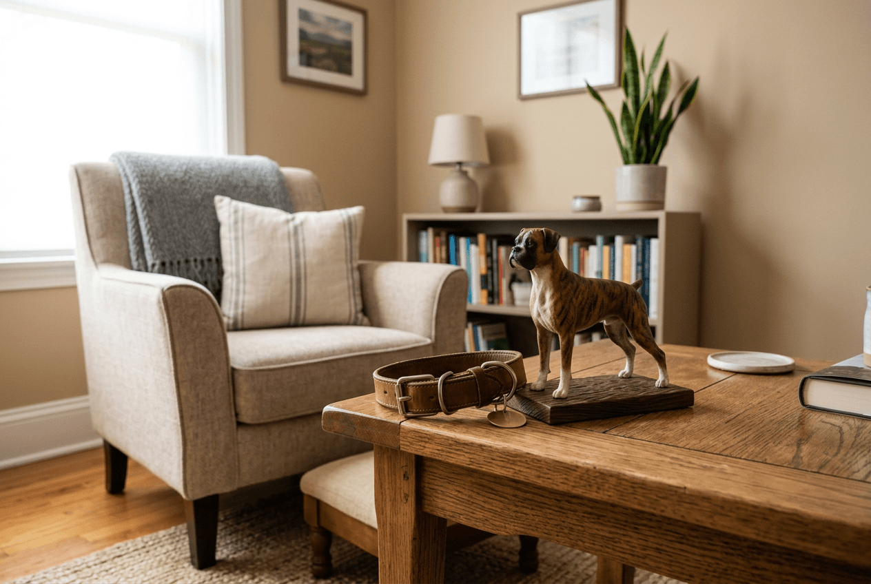 Full-color 3D printed resin Boxer figurine in a calm room setting suggesting therapeutic support