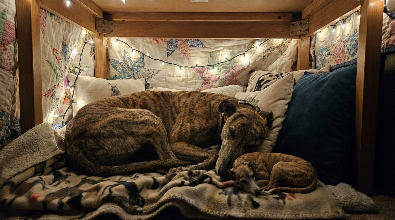 A real Greyhound resting next to its miniature 3D printed replica.