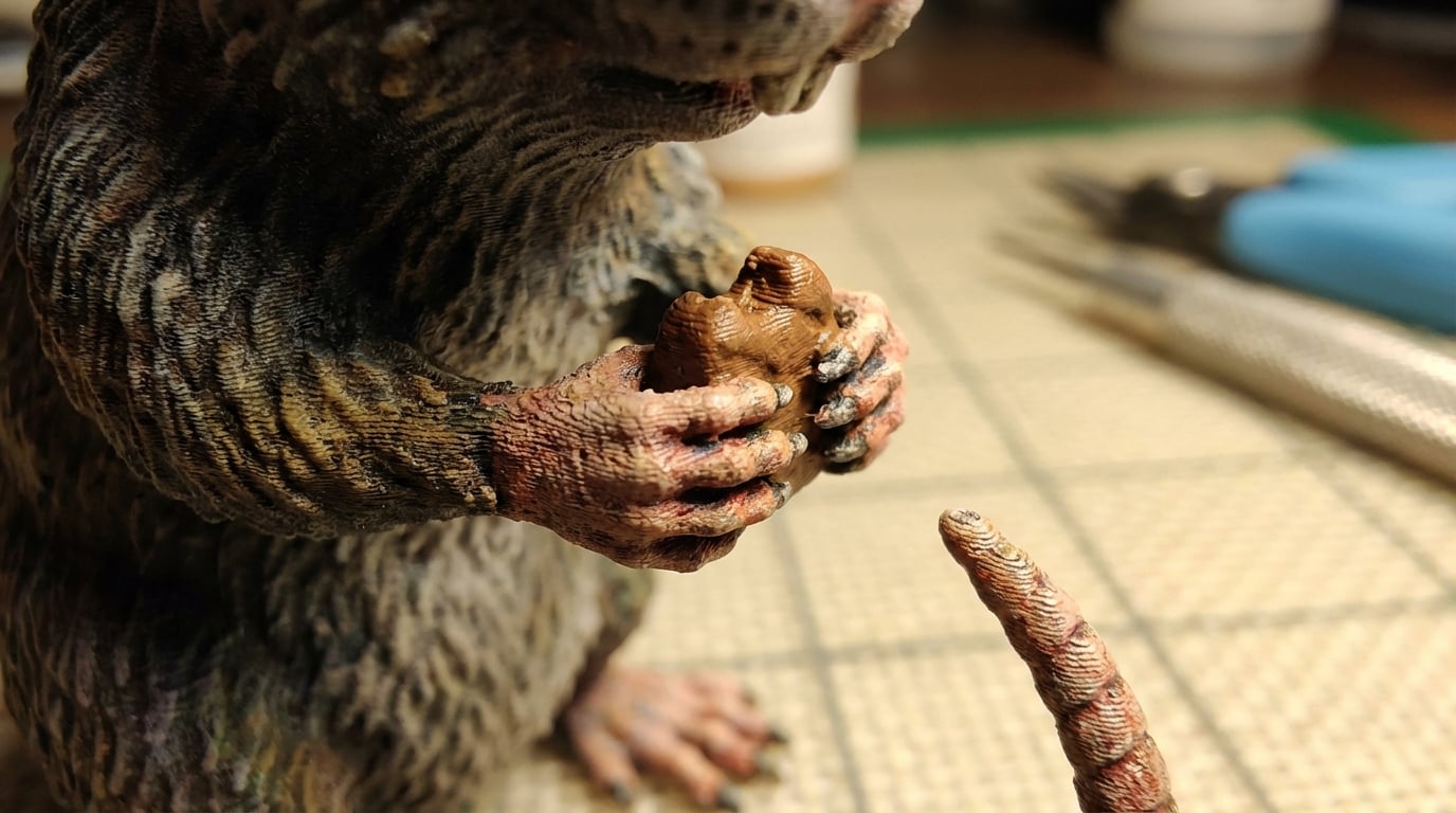 Macro shot of rat figurine paws holding a treat