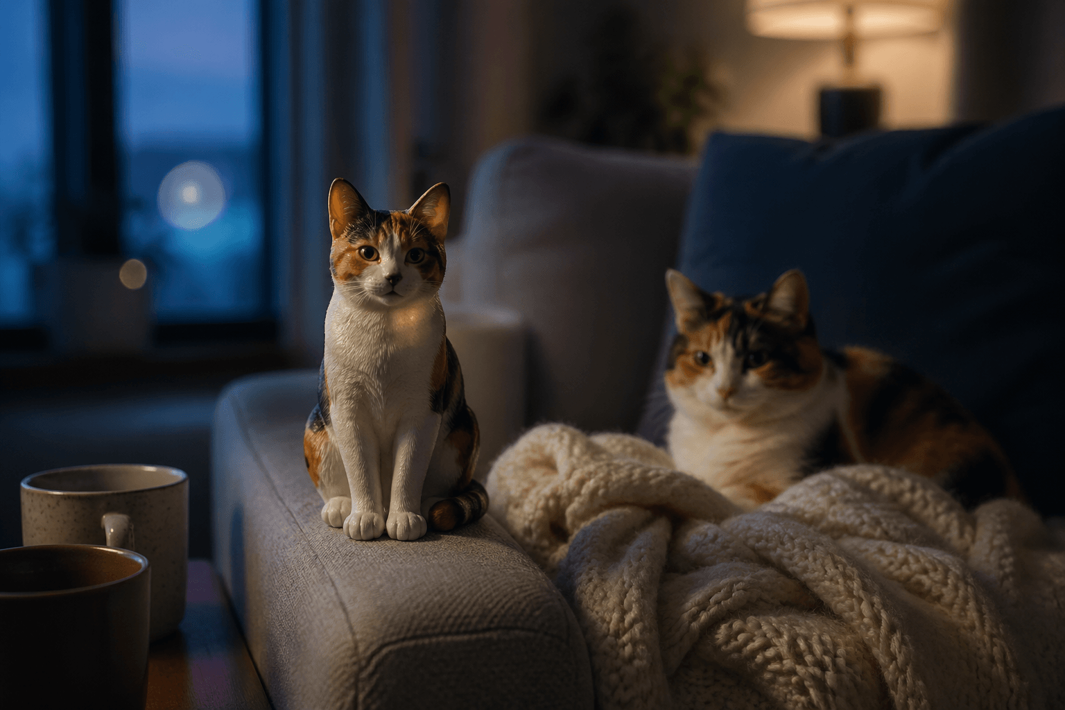 Calico cat figurine on a couch arm in a blue-hour scene about couple grief and reunion