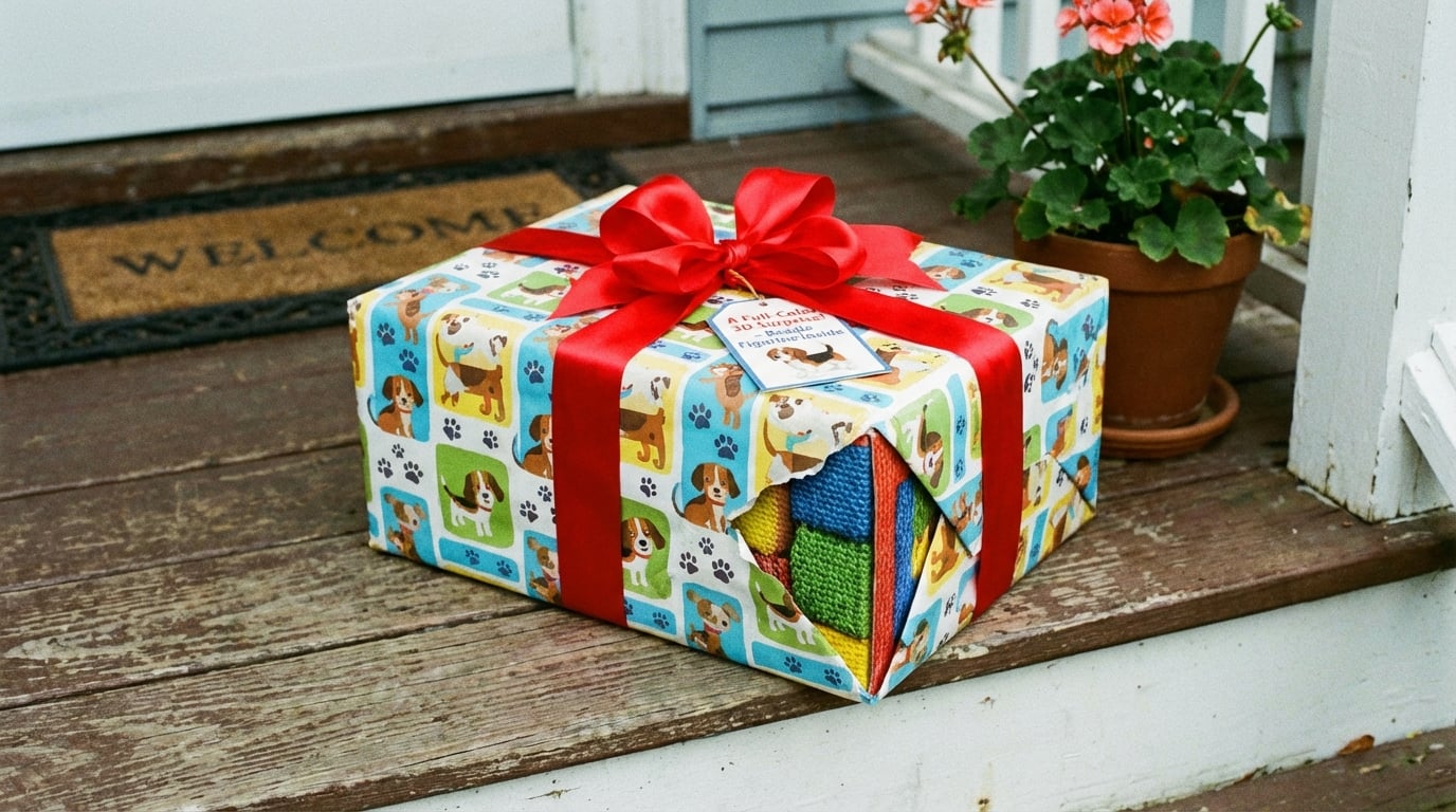 Gift wrapped package on a doorstep.
