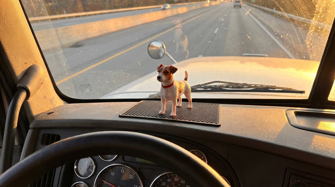 A Jack Russell figurine on a truck dashboard at sunset.
