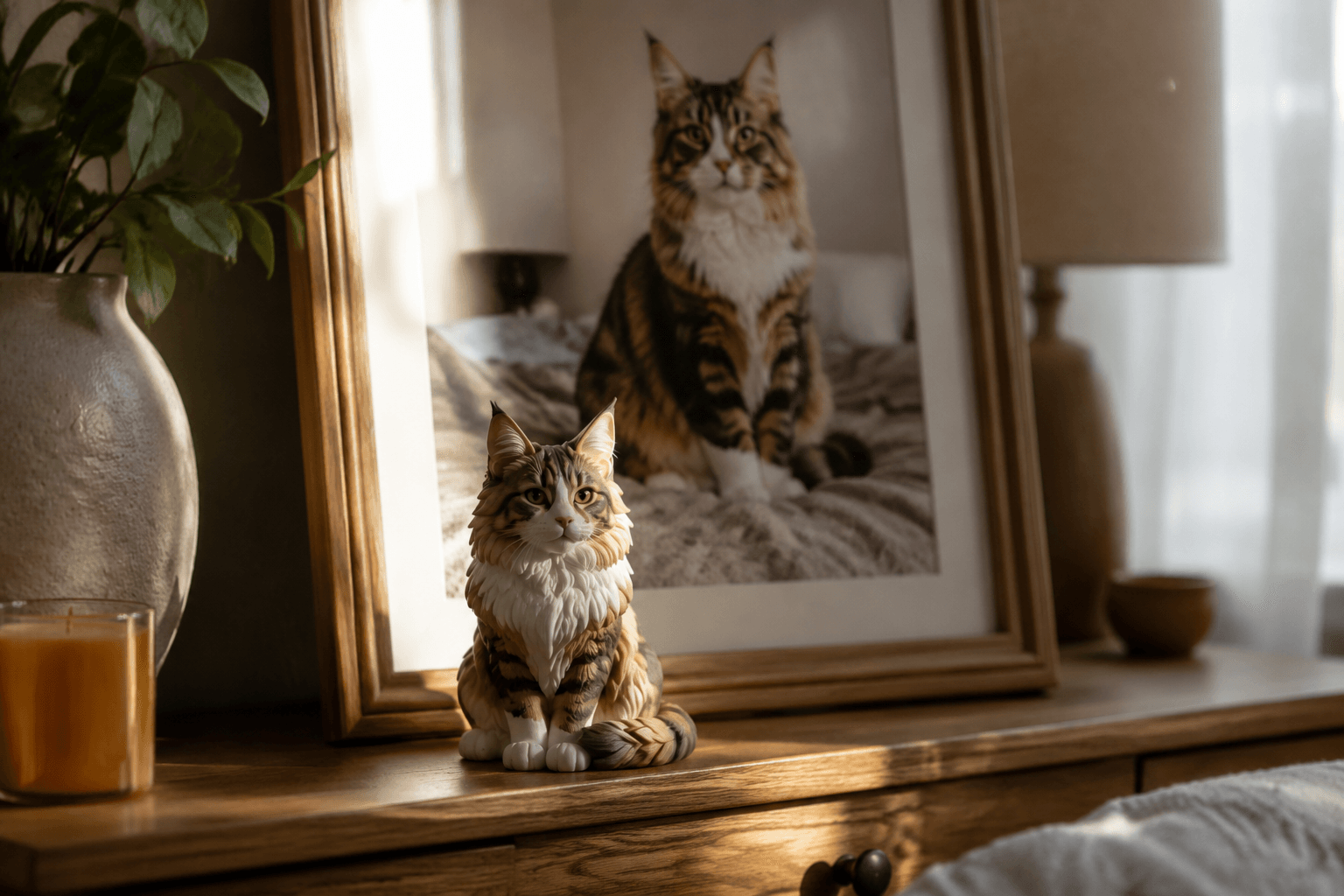 Maine Coon figurine sitting with fluffy tail curled around paws