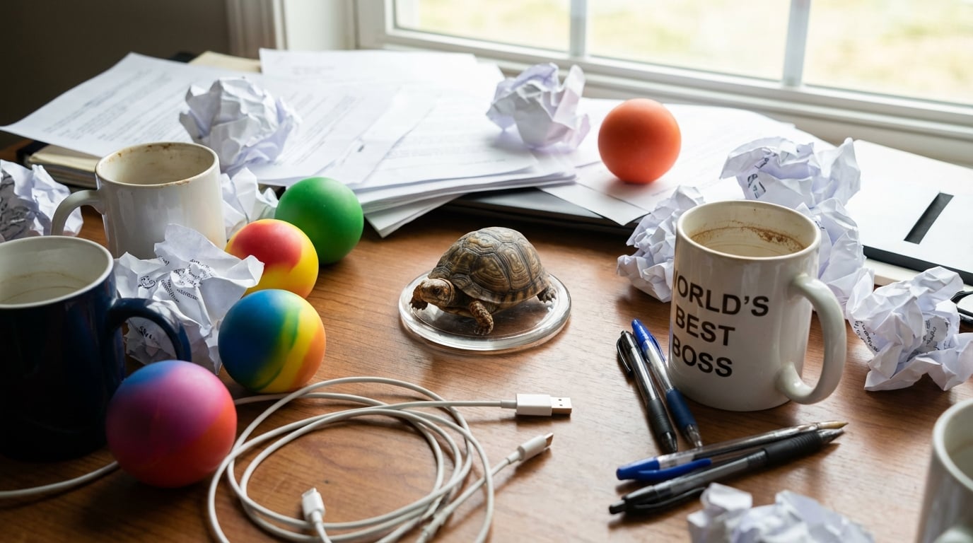 Turtle figurine amidst a chaotic stressful desk