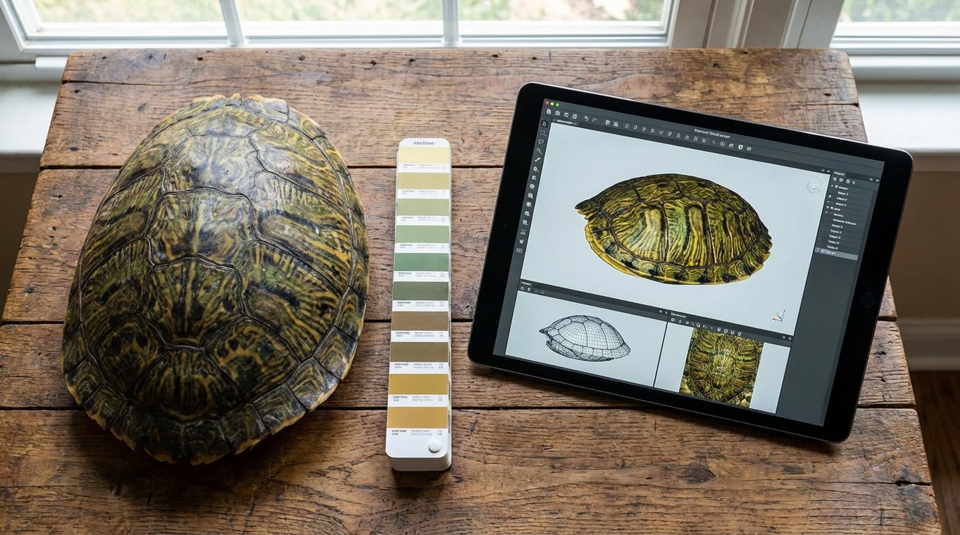 Turtle shell photography setup with color chart