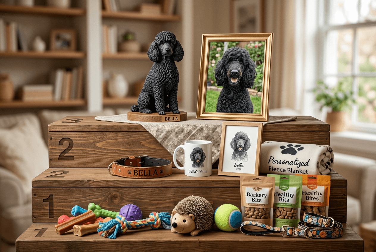 Poodle 3D figurine on tiered display with ranked gifts from practical to emotional with real dog photo