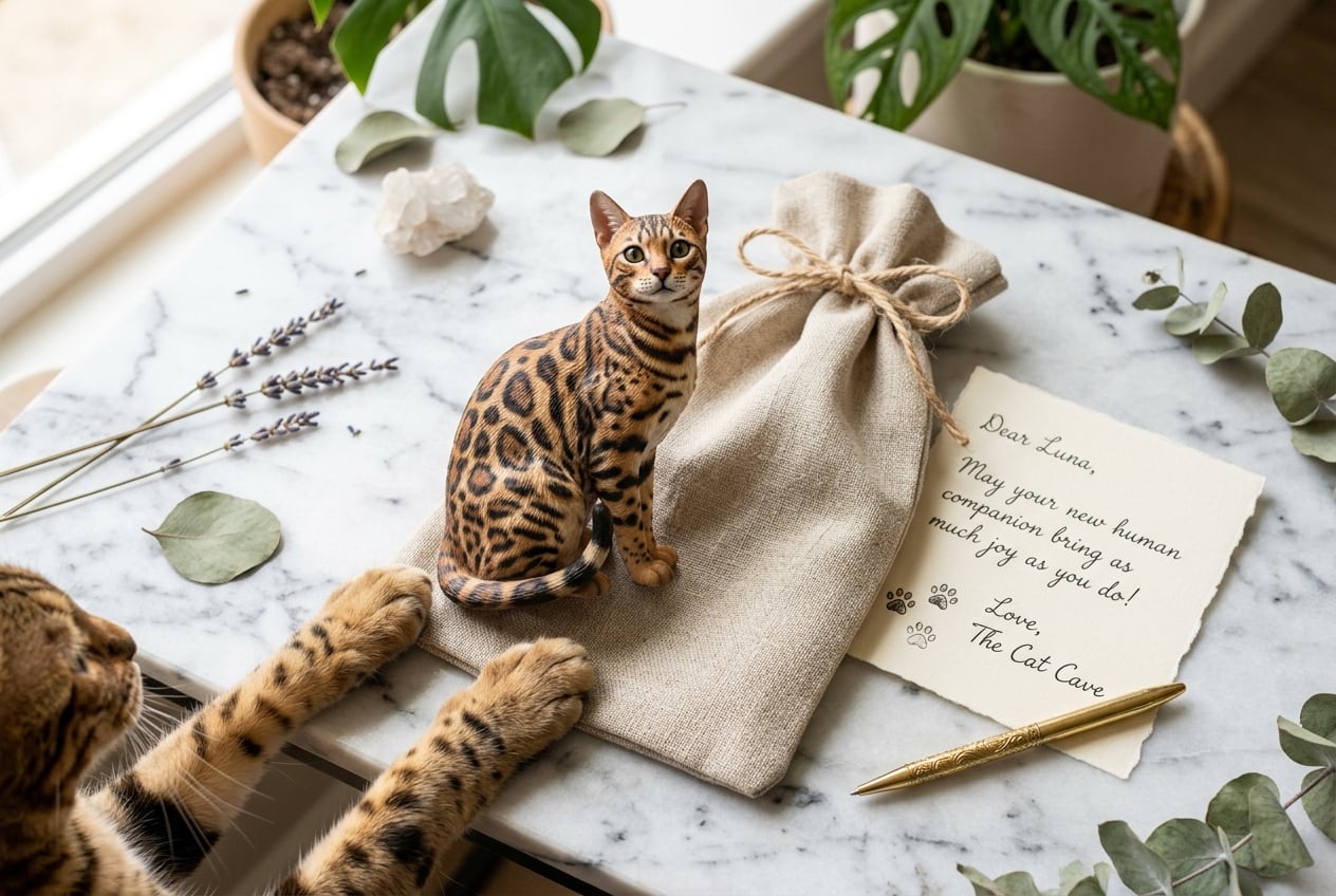 Flat-lay with full-color 3D printed resin Bengal Cat figurine, linen gift bag, and a Bengal paw reaching into frame