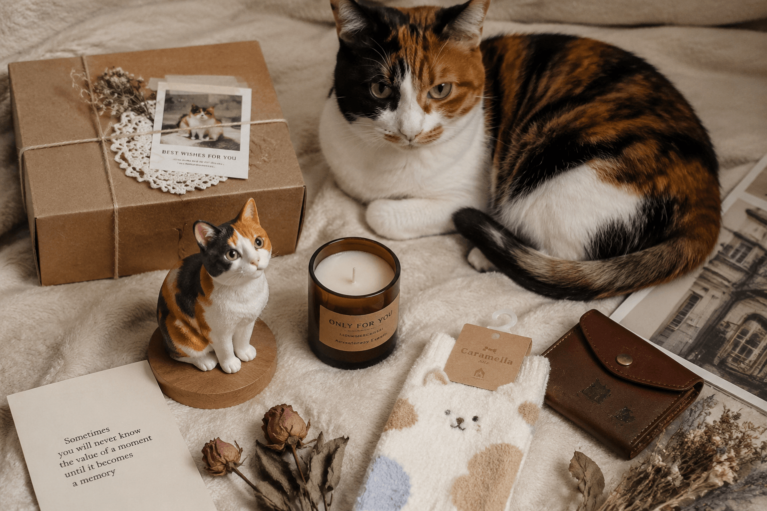 A real Calico cat curled near a small full-color resin figurine among affordable thoughtful gift items