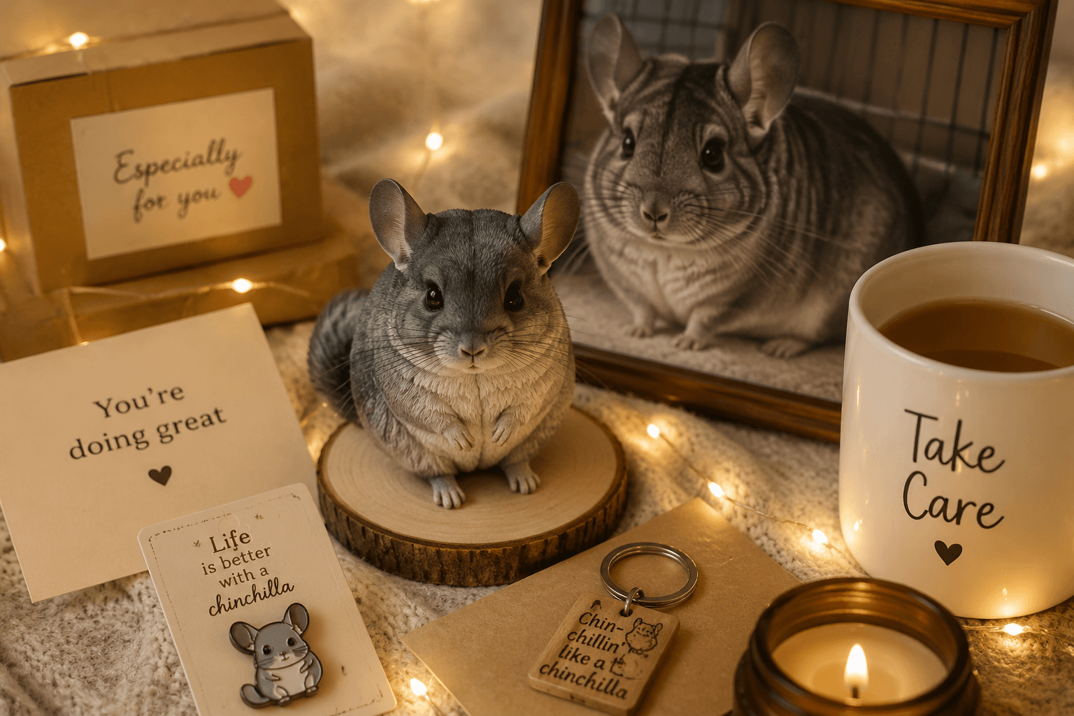 Affordable holiday gifts including a small Chinchilla resin figurine and a framed photo in warm string light