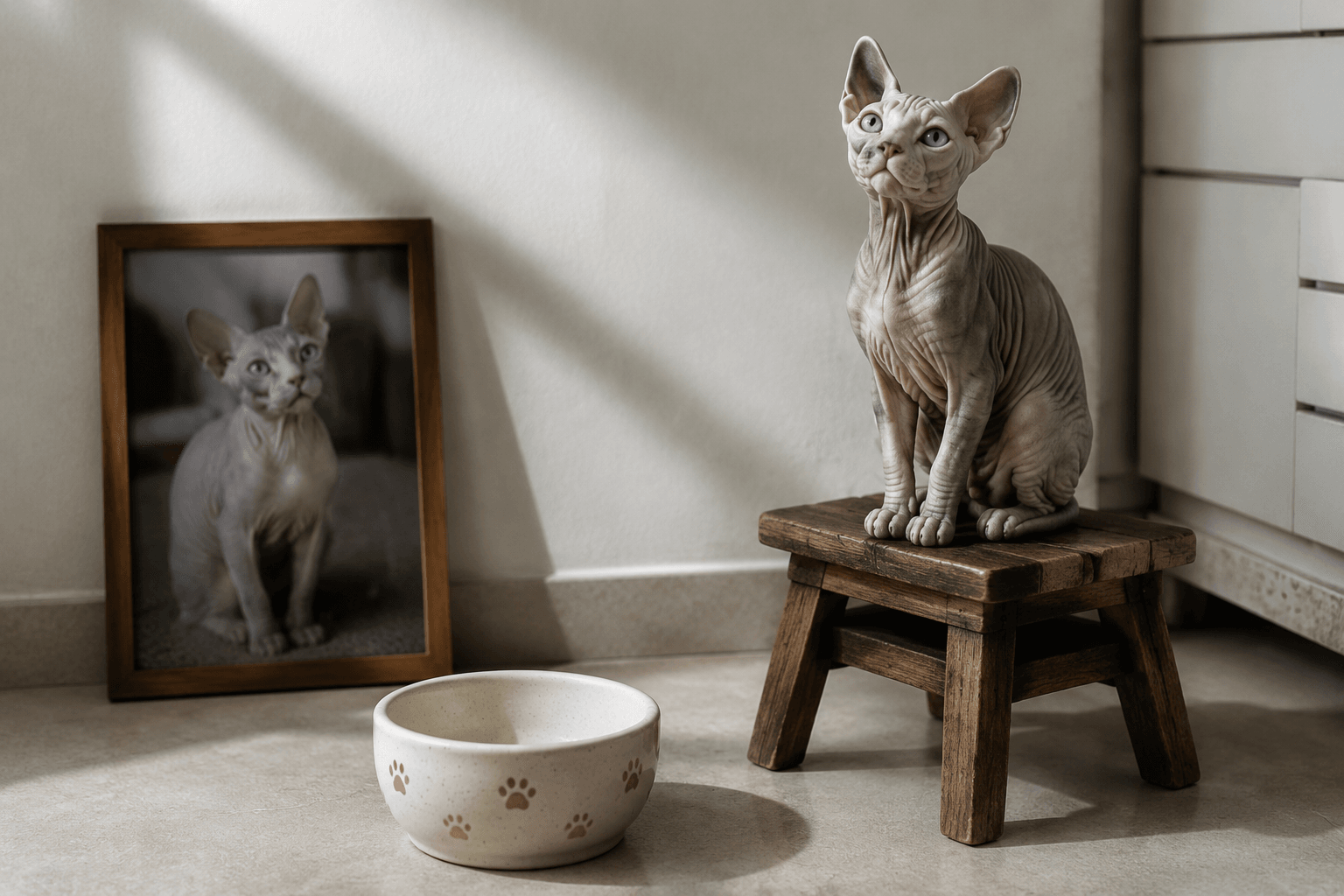 An untouched food bowl on a kitchen floor near a Sphynx cat's full-color resin figurine and framed photo