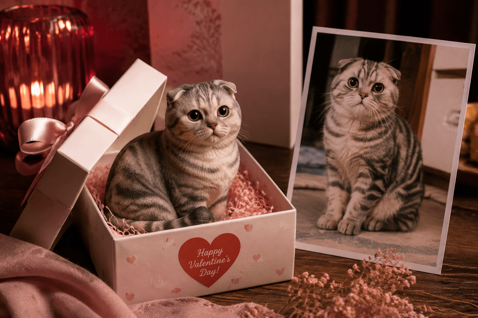 A Valentine's box revealing a resin Scottish Fold figurine on a cozy table in soft warm pink light