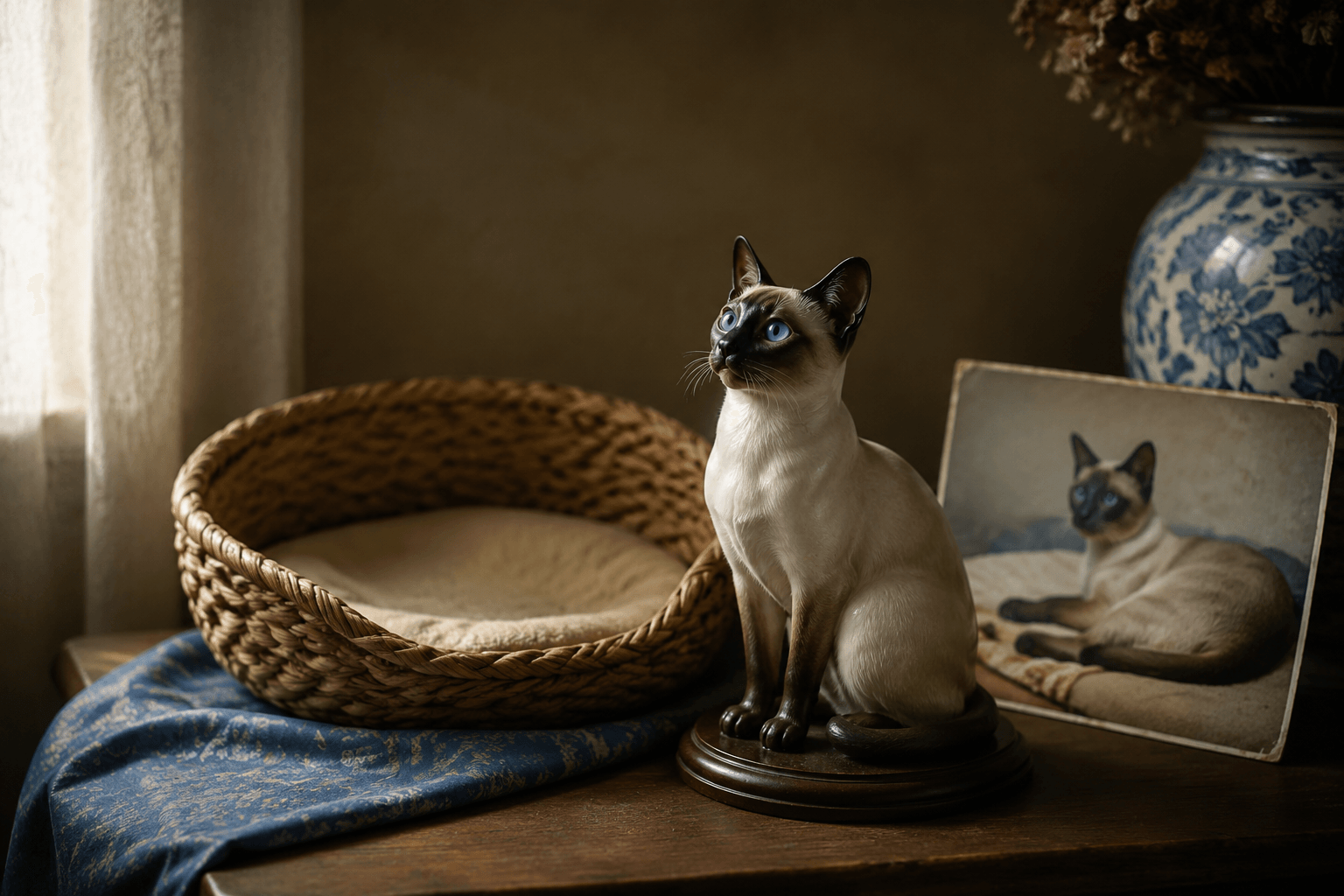 Siamese cat resin figurine and an empty cat bed lit by soft window light in a still-life arrangement