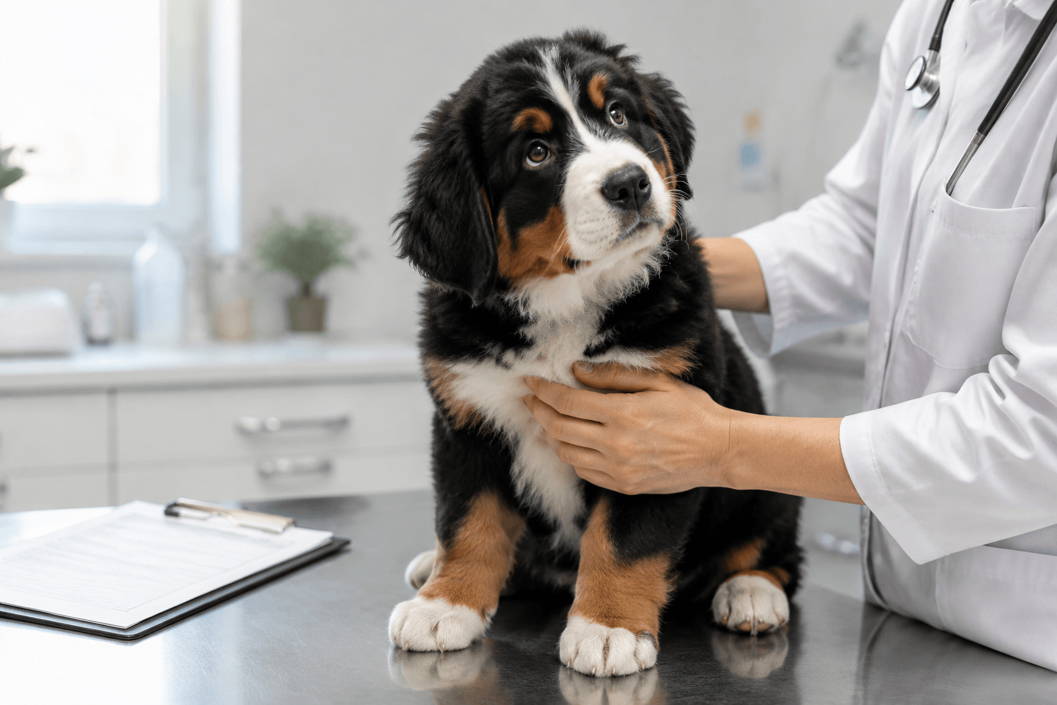 Bernese Mountain Dog puppy on avet examination table being gently examined with a checklist clipboard nearby