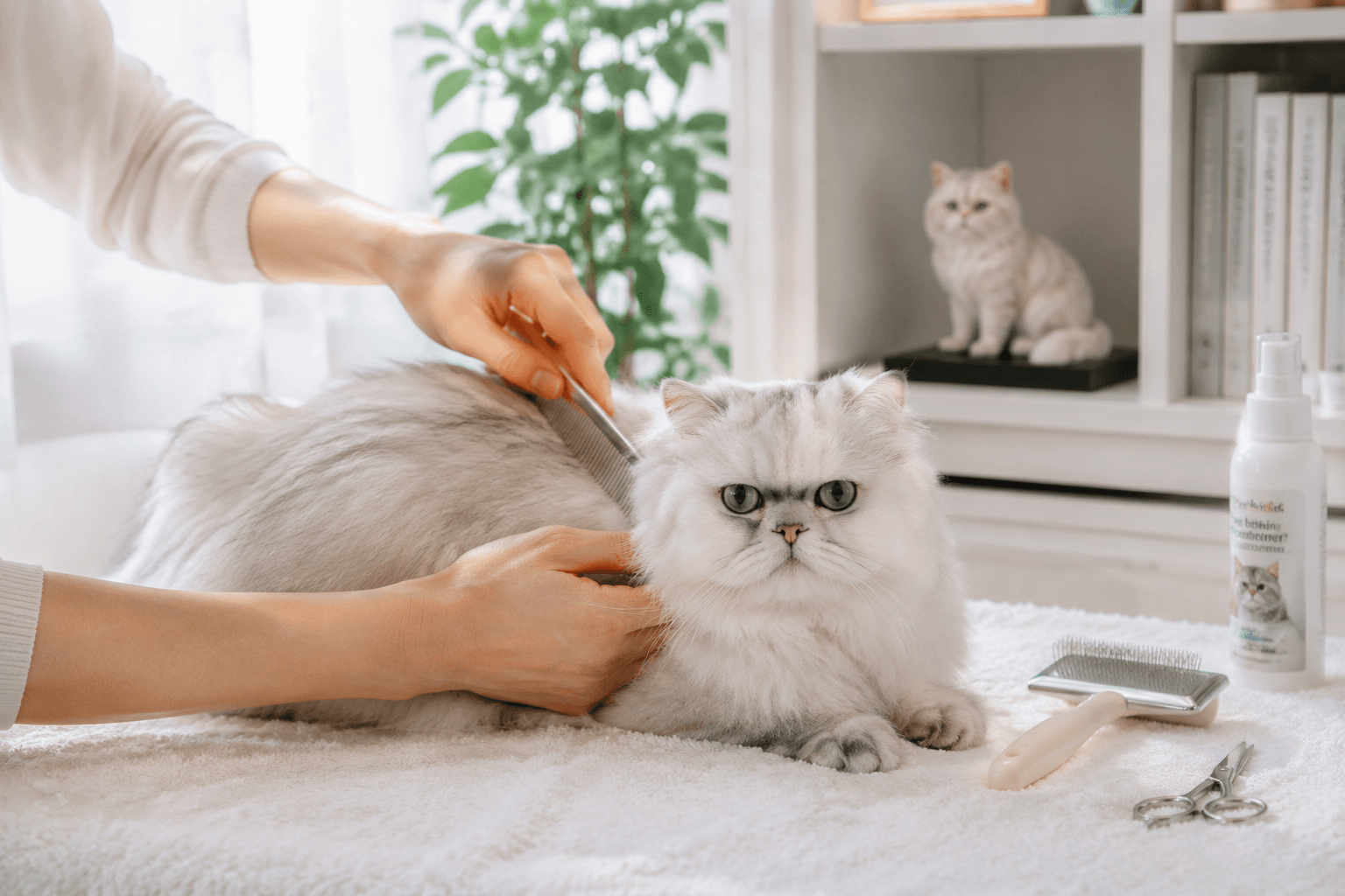 A Persian cat being gently combed at home with grooming tools and a small Persian figurine on a shelf