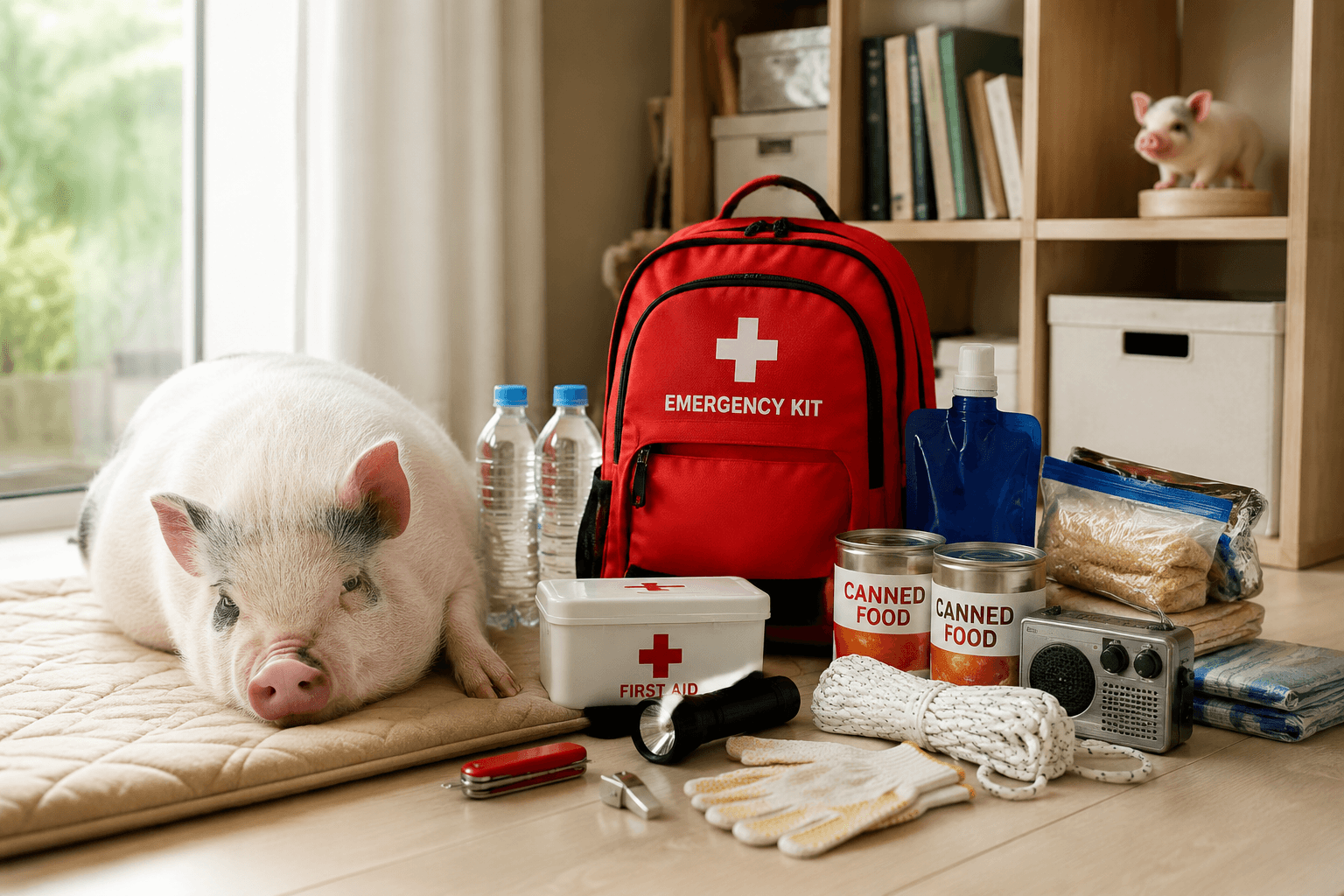 A senior mini pig resting near an emergency supply kit and its full-color resin figurine in a calm home