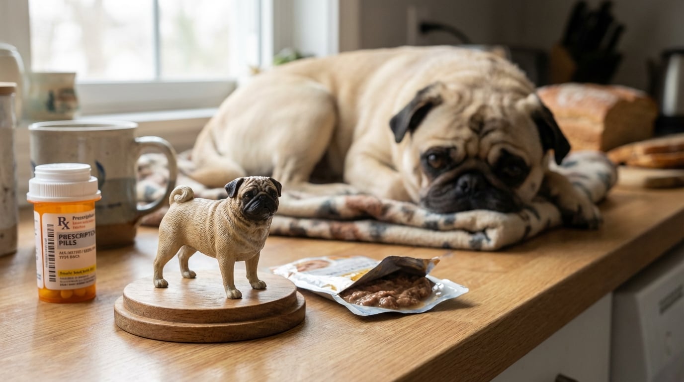 An elderly Pug resting on a soft mat with a figurine of itself nearby on a table.