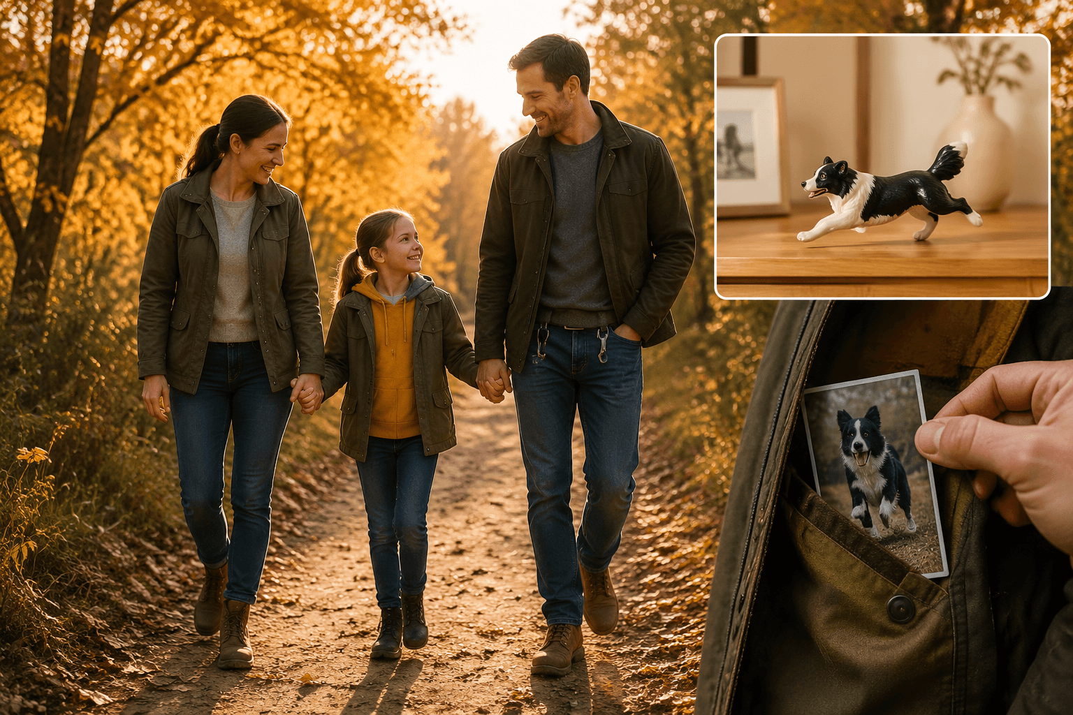 Family walking a familiar trail with empty leash clip visible, full-color 3D printed resin Border Collie figurine implied at home on mantel
