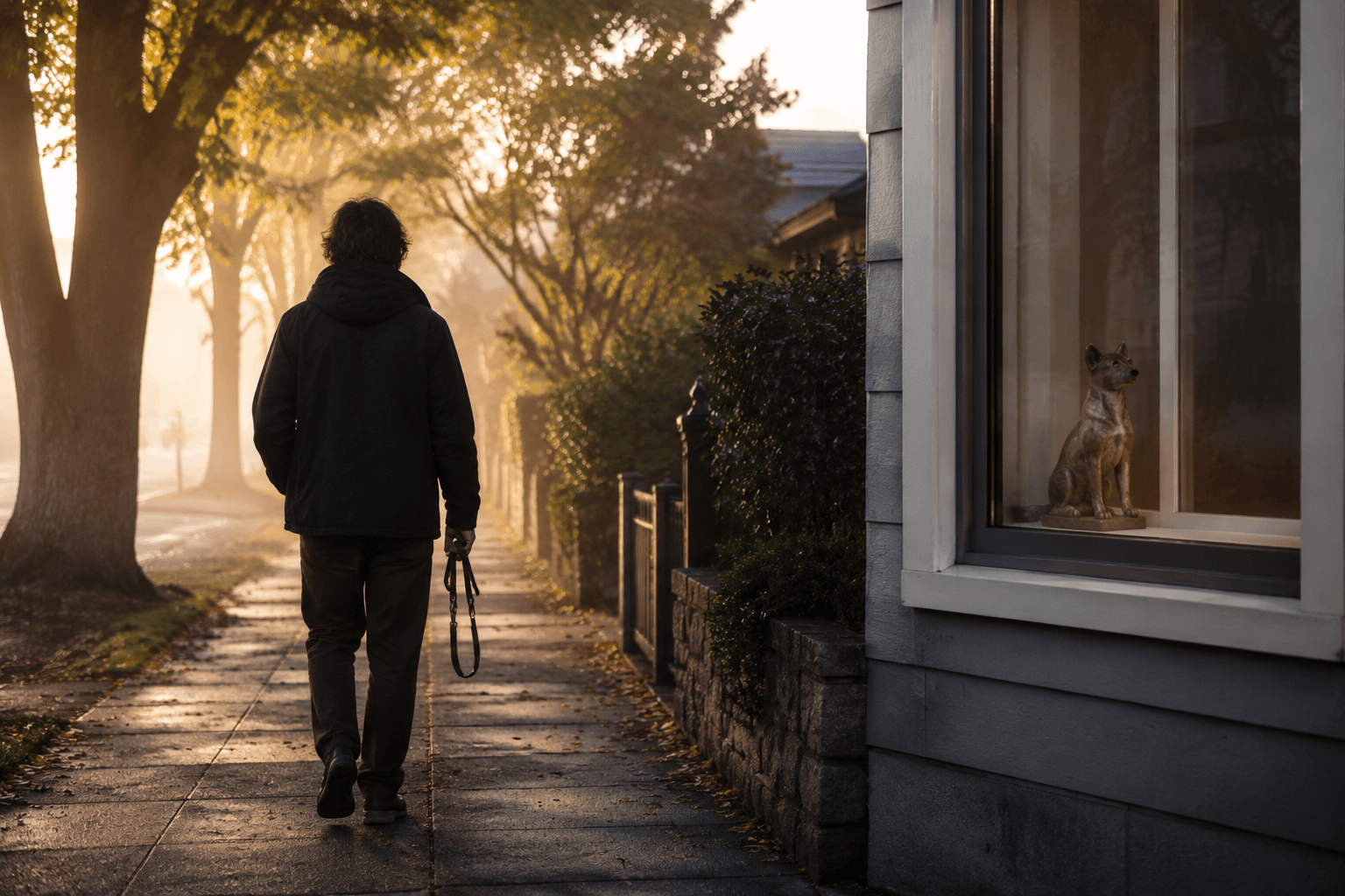 Person walking a tree-lined path at dawn with an Akita collar on their wrist and a full-color 3D printed resin figurine visible through a home window behind them