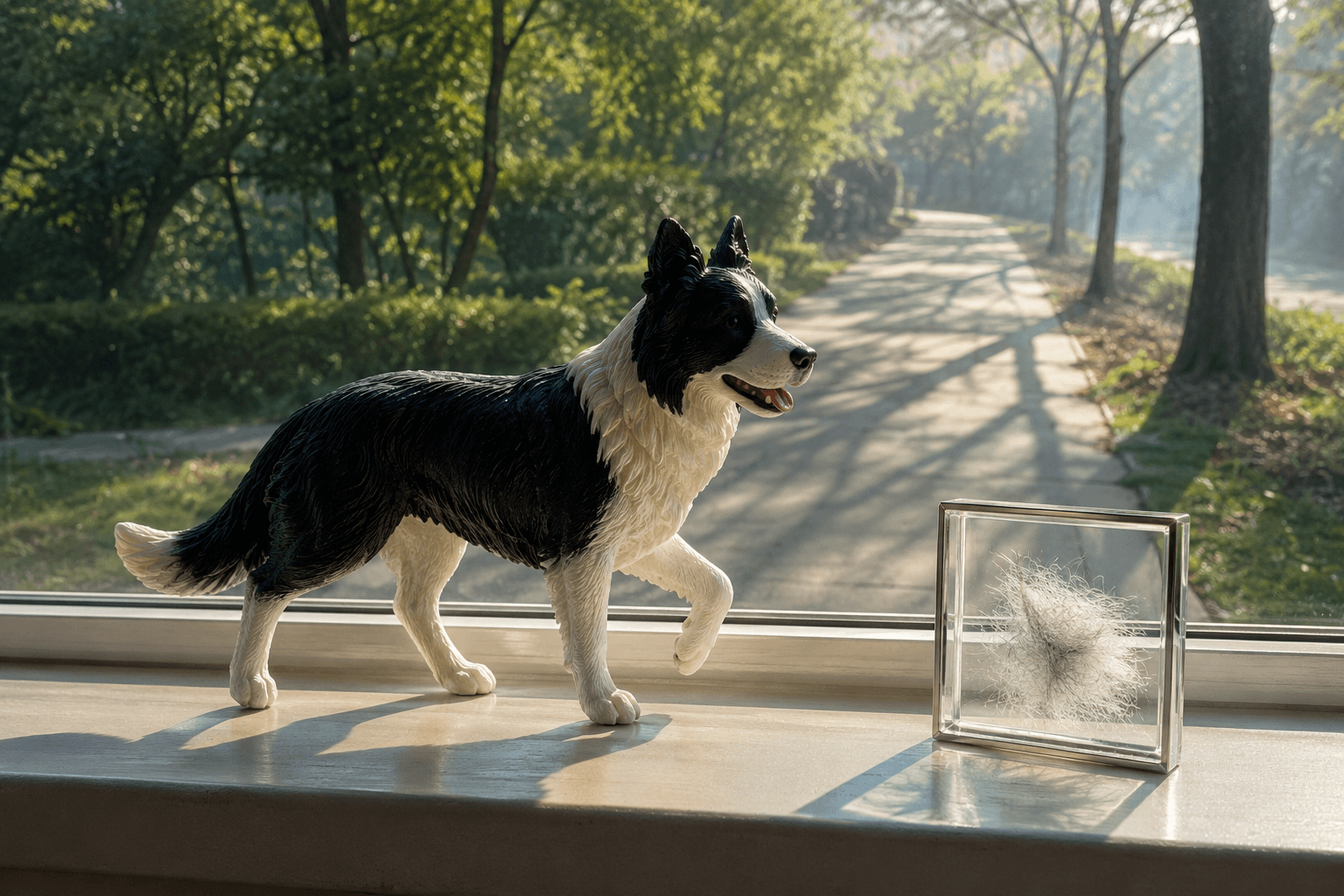 Full-color 3D printed resin Border Collie figurine in stride on a windowsill overlooking a walking path with a fur clipping frame beside it