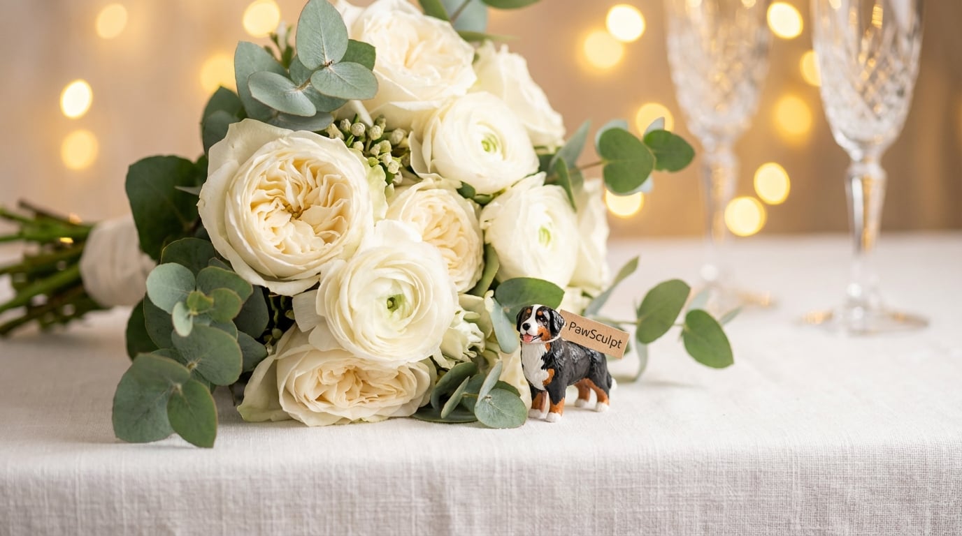 A Bernese Mountain Dog figurine nestled in a bridal flower bouquet.