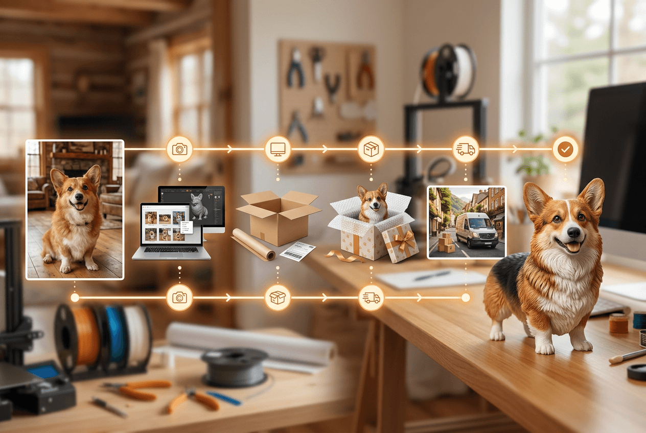 Visual ordering timeline from Corgi photo submission to receiving the full-color 3D printed resin figurine