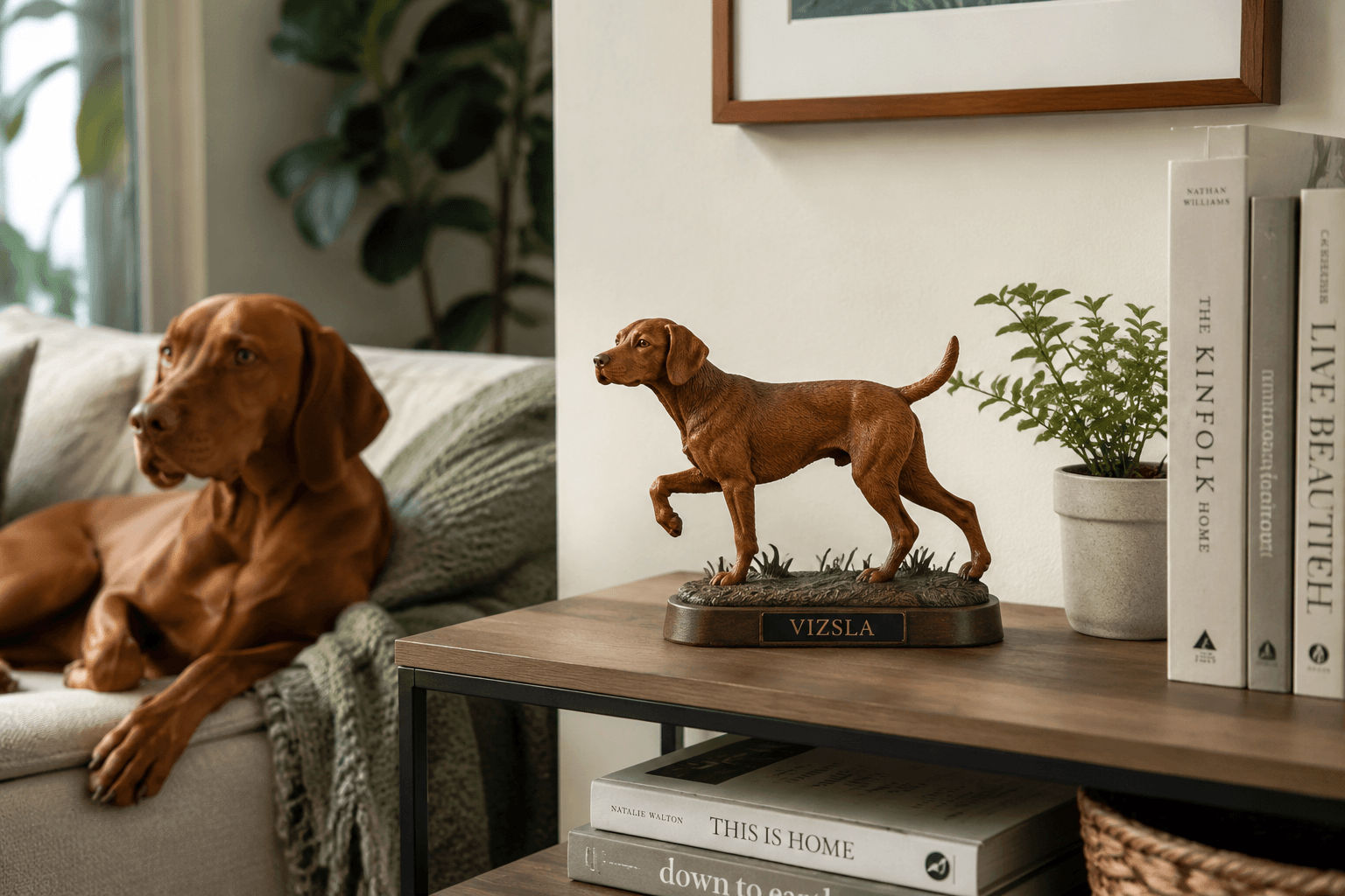 A posed Vizsla resin figurine on a styled home shelf with the real Vizsla resting on a sofa nearby
