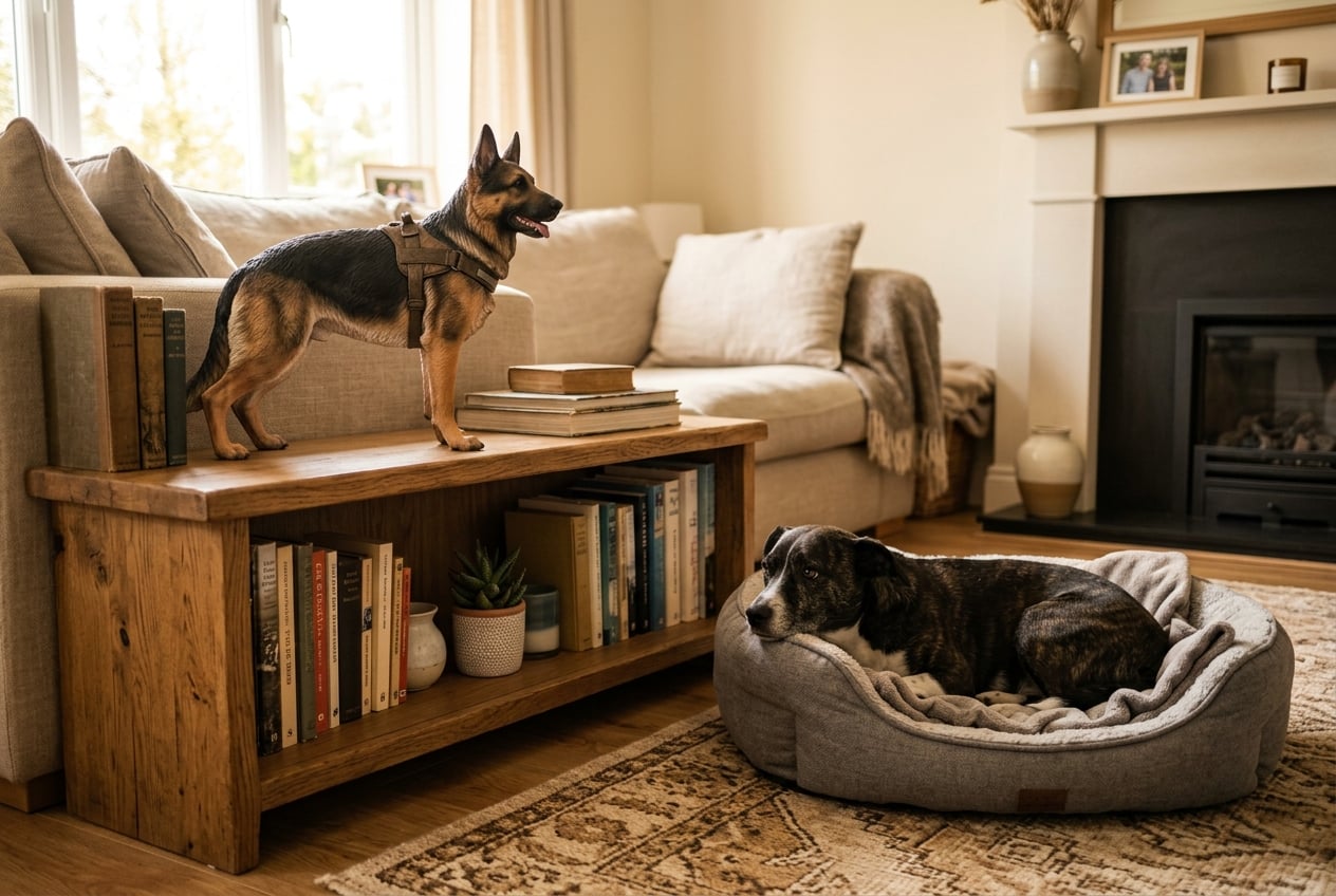 Full-color 3D printed resin German Shepherd figurine on a bookshelf with a real smaller dog resting nearby