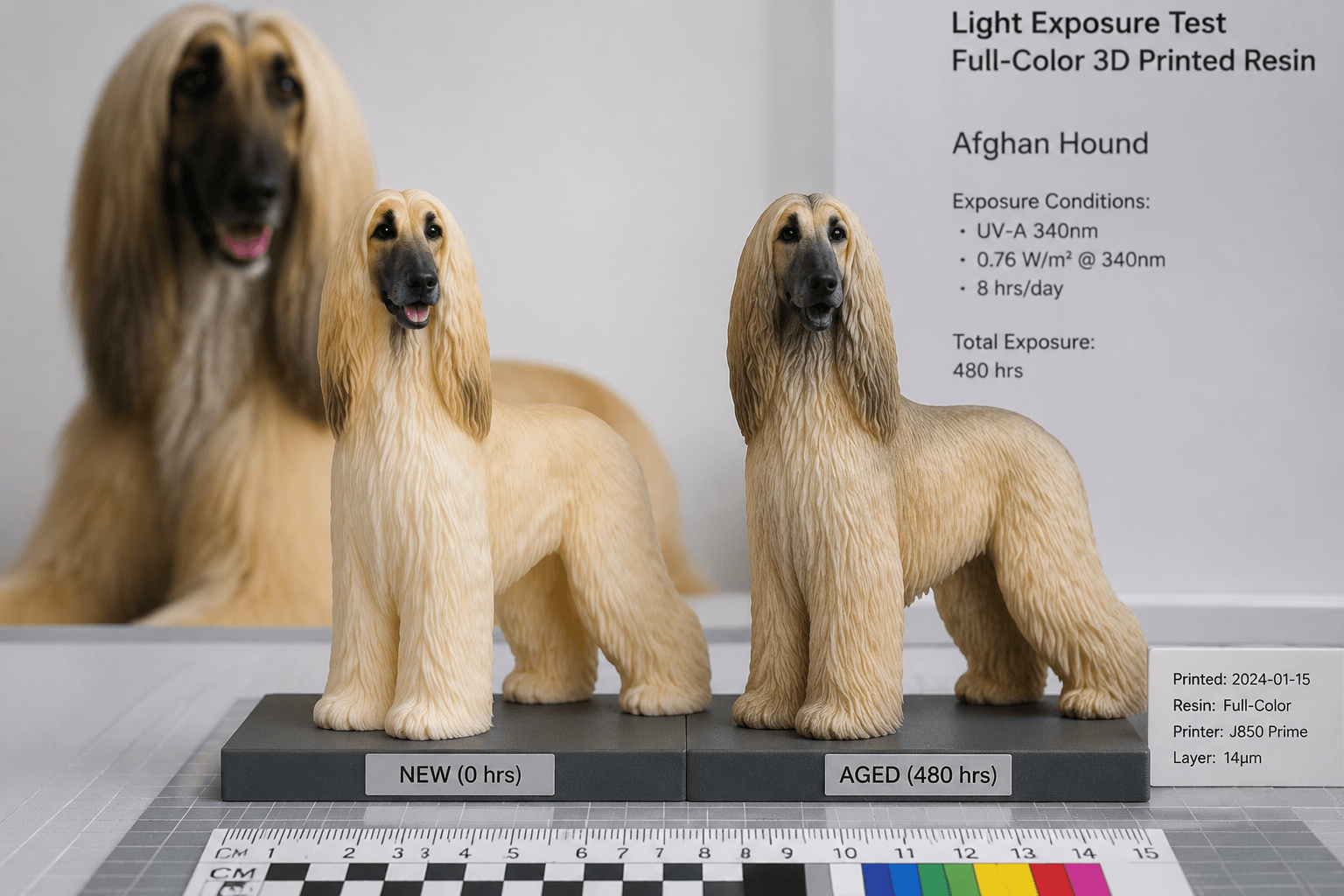 Two Afghan Hound resin figurines compared new versus aged in a color-fade test with the real dog behind