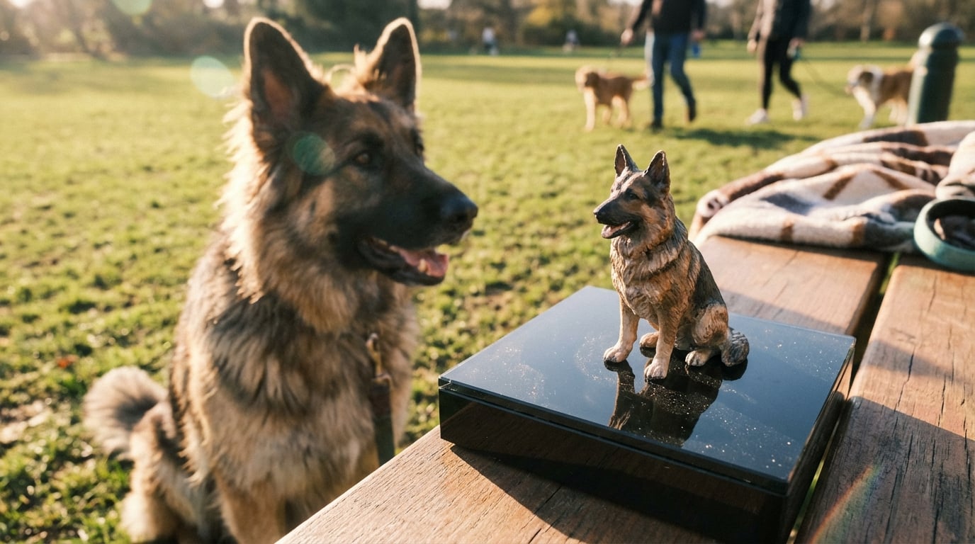 A German Shepherd standing in light snow next to a figurine, illustrating winter resilience.