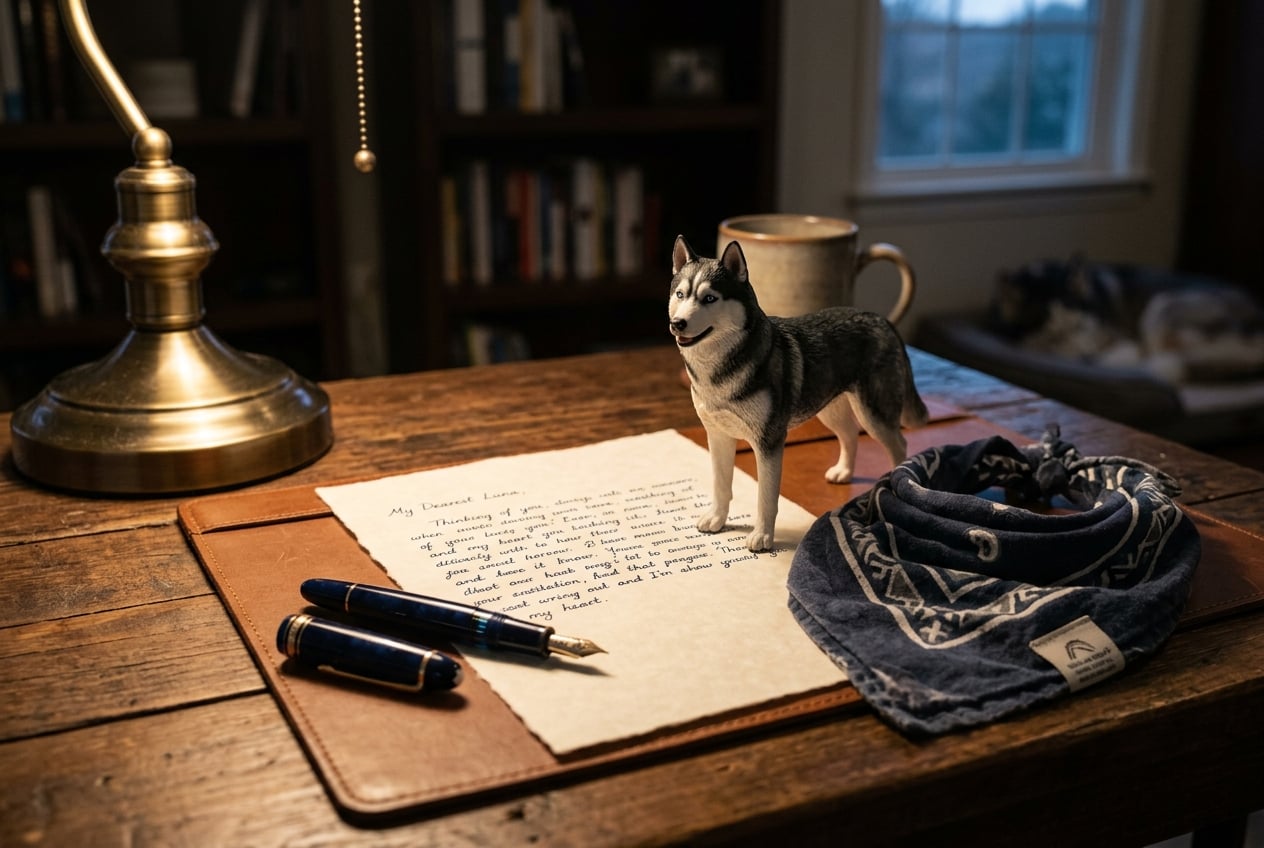 Full-color 3D printed resin Husky figurine beside a handwritten letter, fountain pen, and Husky bandana on a desk