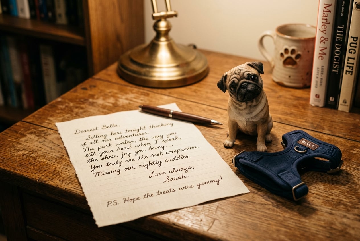 Full-color 3D printed resin figurine of a Pug beside a handwritten letter on a wooden desk with a small harness in warm lamplight