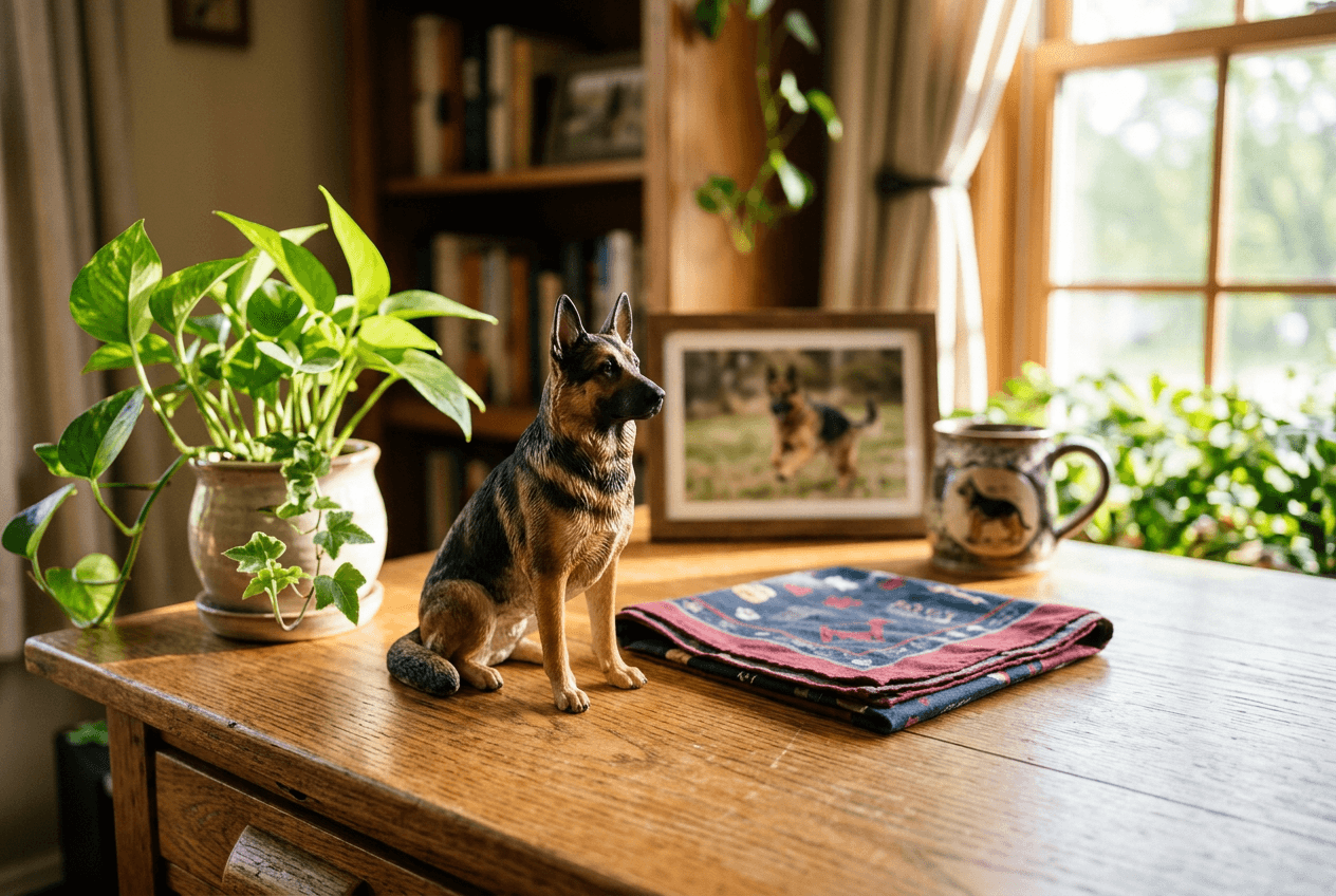 Full-color 3D printed resin German Shepherd figurine on an office desk with a folded bandana in warm light