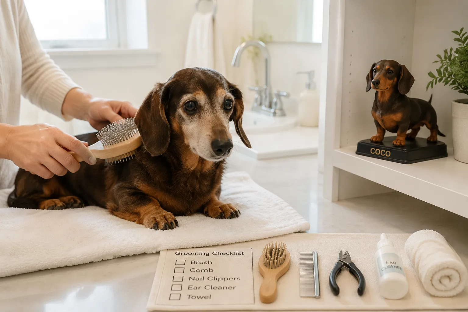 A senior Dachshund being gently groomed with neatly arranged tools and a small Dachshund figurine on a shelf