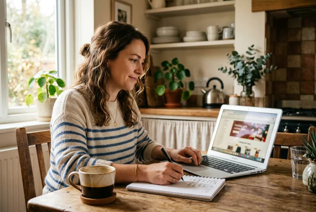 Person shopping online at kitchen table with notepad making gift list in natural light