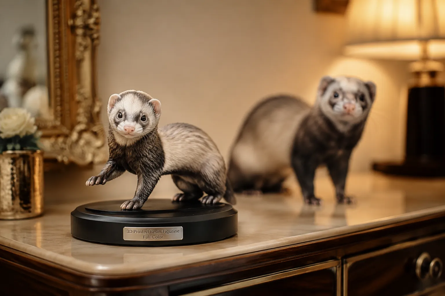 A premium resin Ferret figurine on a rotating display base on a refined console table in warm boutique light