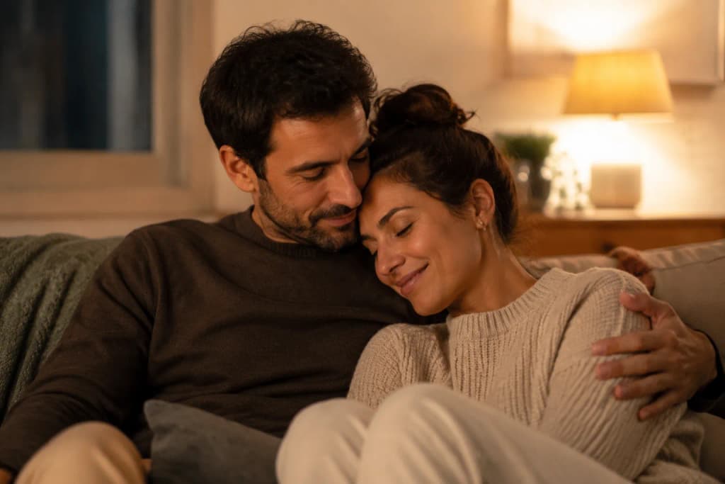 A couple sitting close on a sofa sharing a quiet tender moment in soft evening light, a comforting connection