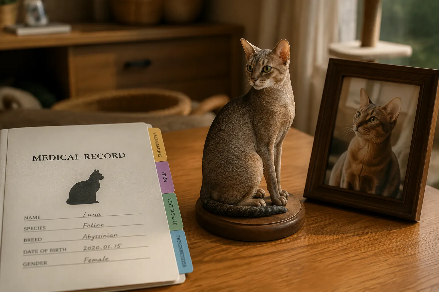 An Abyssinian cat's resin figurine beside a medical record folder and a framed photo in soft morning light