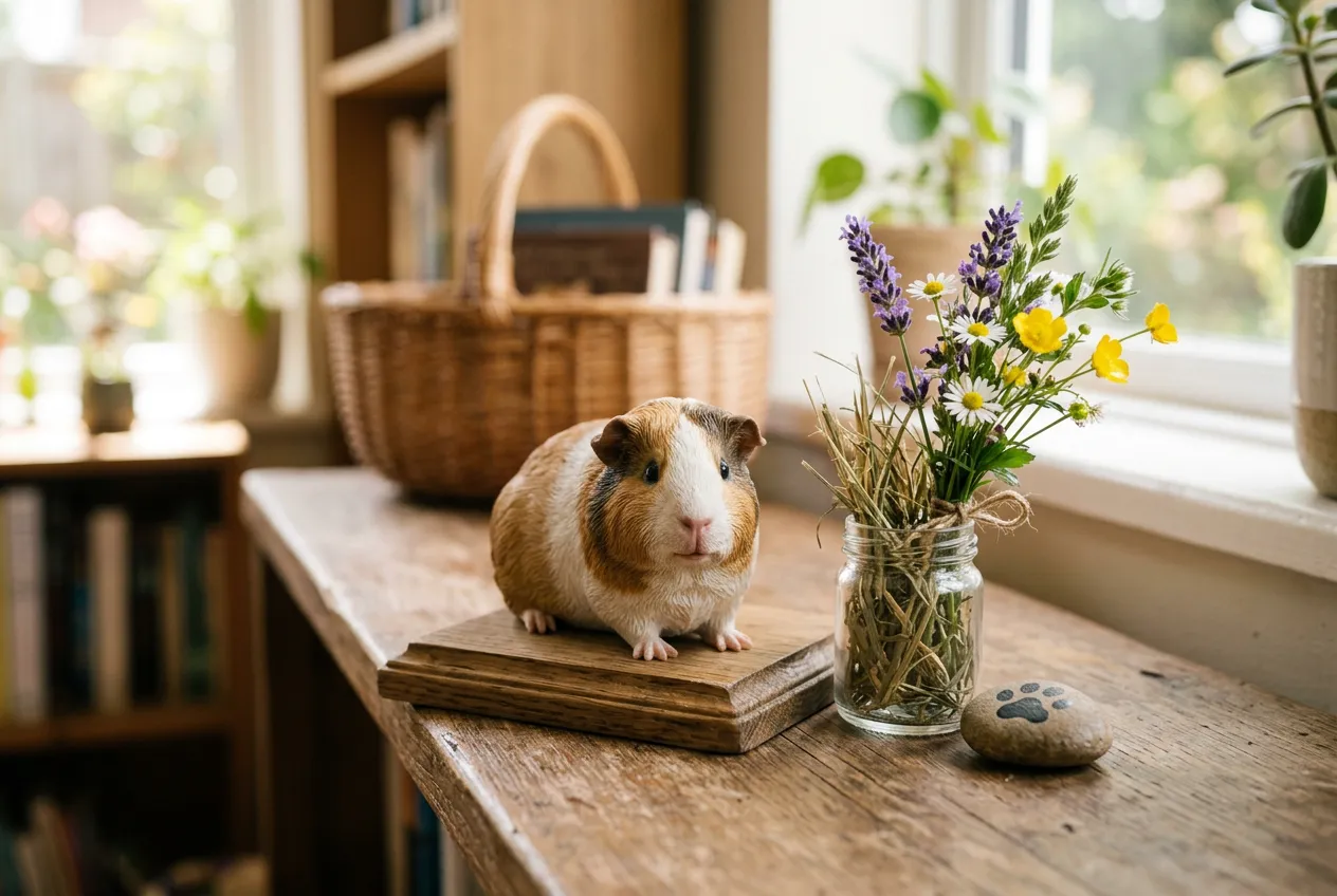 Full-color 3D printed resin Guinea Pig figurine in a simple elegant memorial arrangement with wildflowers