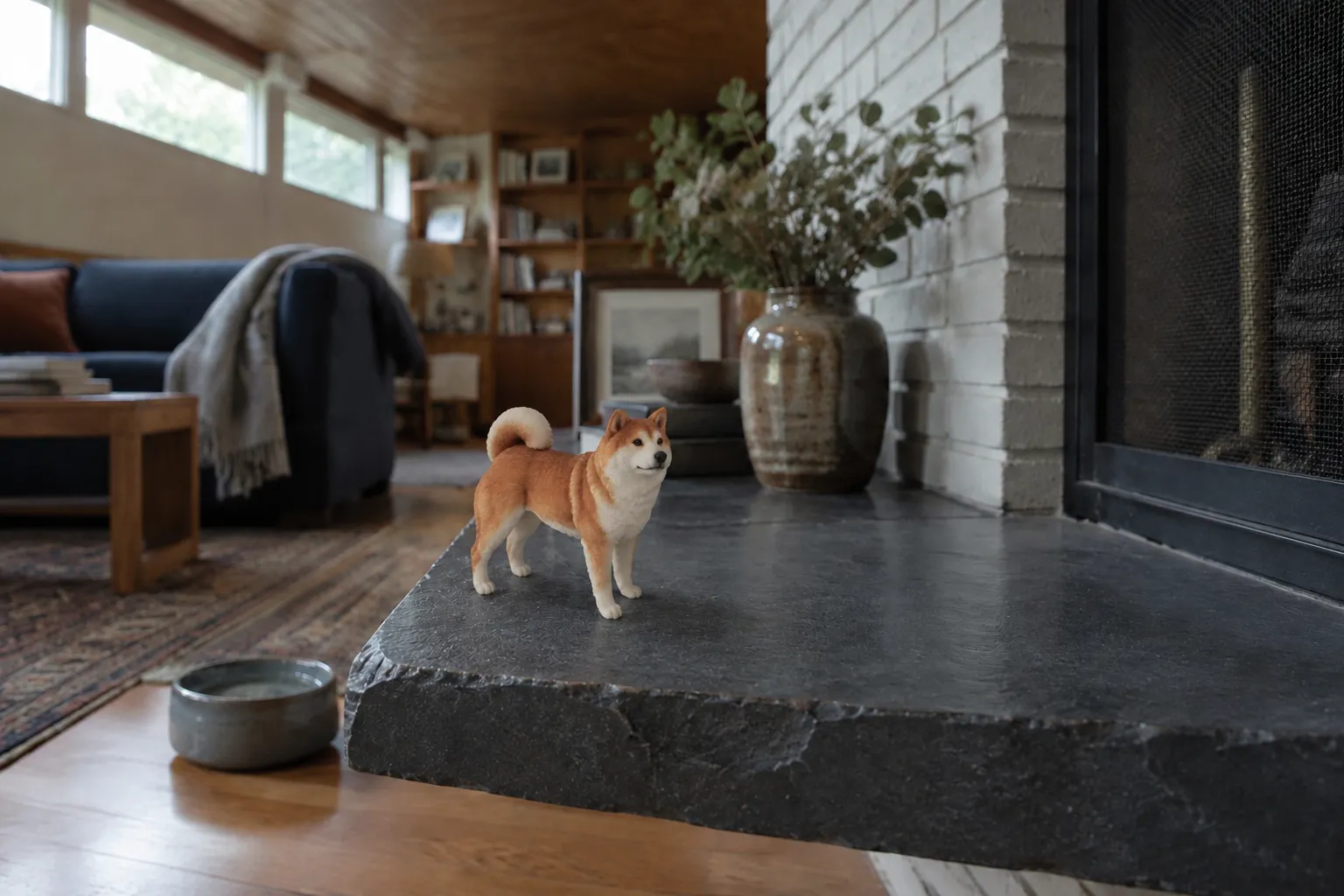 Red and white Akita figurine lying head up on a folded indigo cloth on a slate hearth ledge beside a ginkgo leaf
