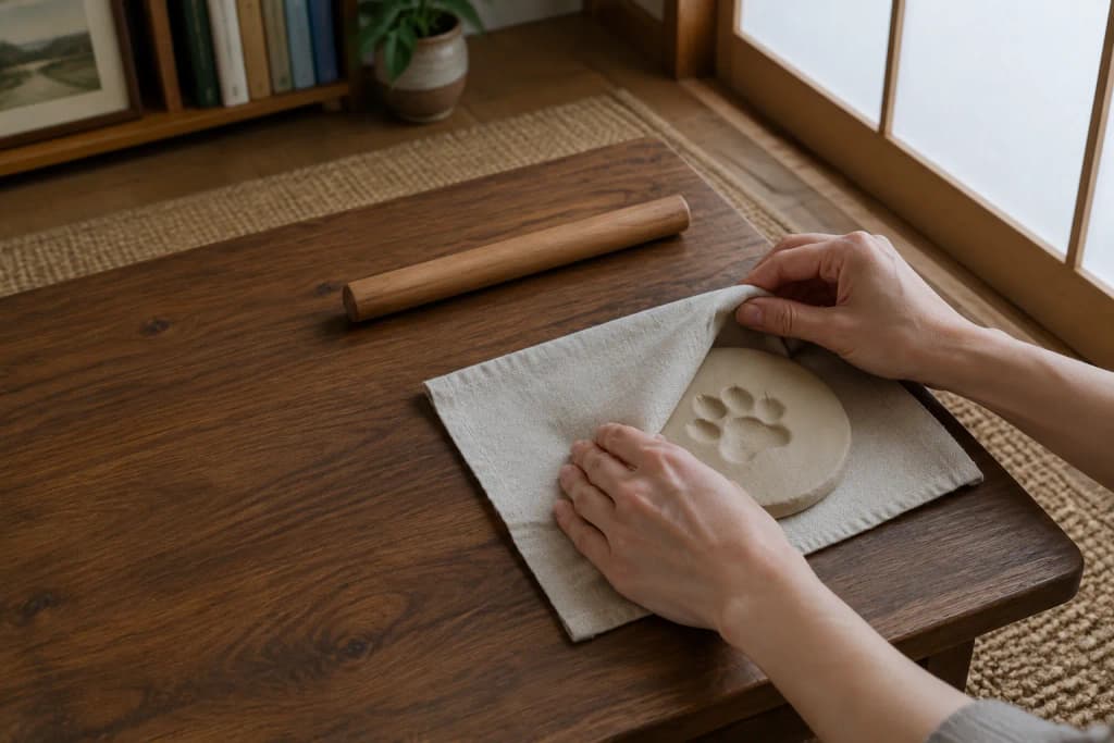 Hands folding a square of undyed linen over a clay paw print impression on a low walnut table by a paper screen