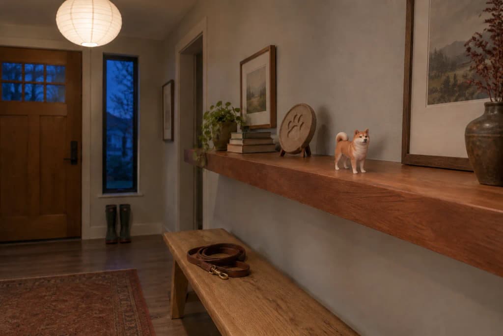 Entry hall at dusk with a red and white Akita figurine and clay paw print on a cedar shelf under a paper lamp