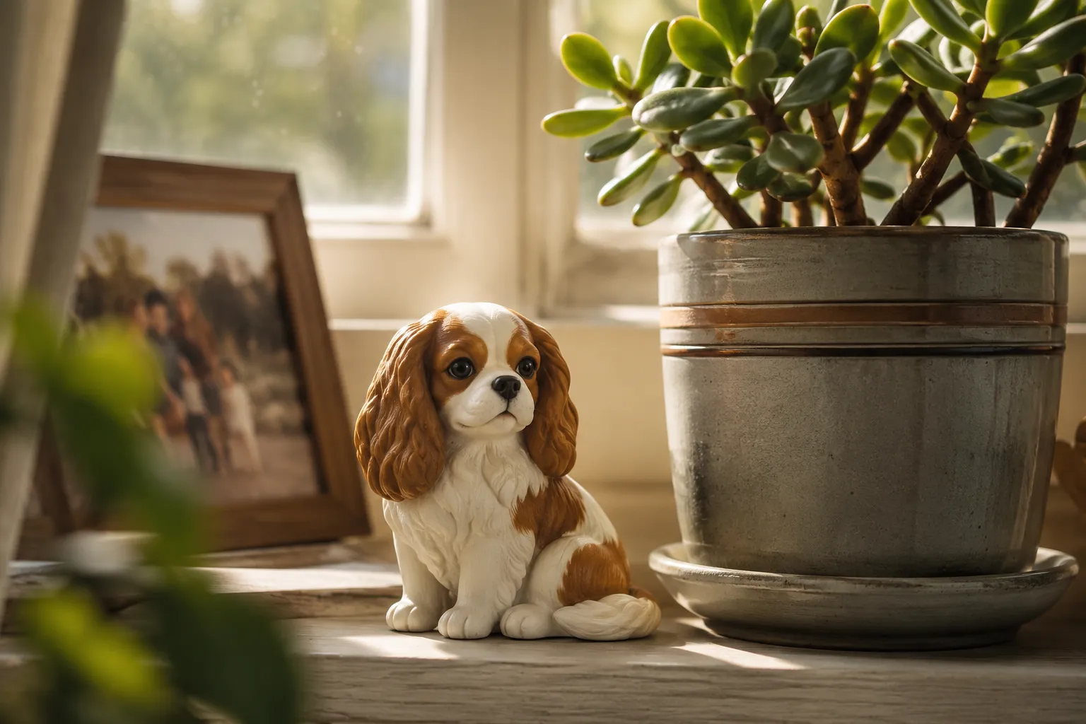 Cavalier King Charles Spaniel figurine sitting with soft ears and gentle eyes