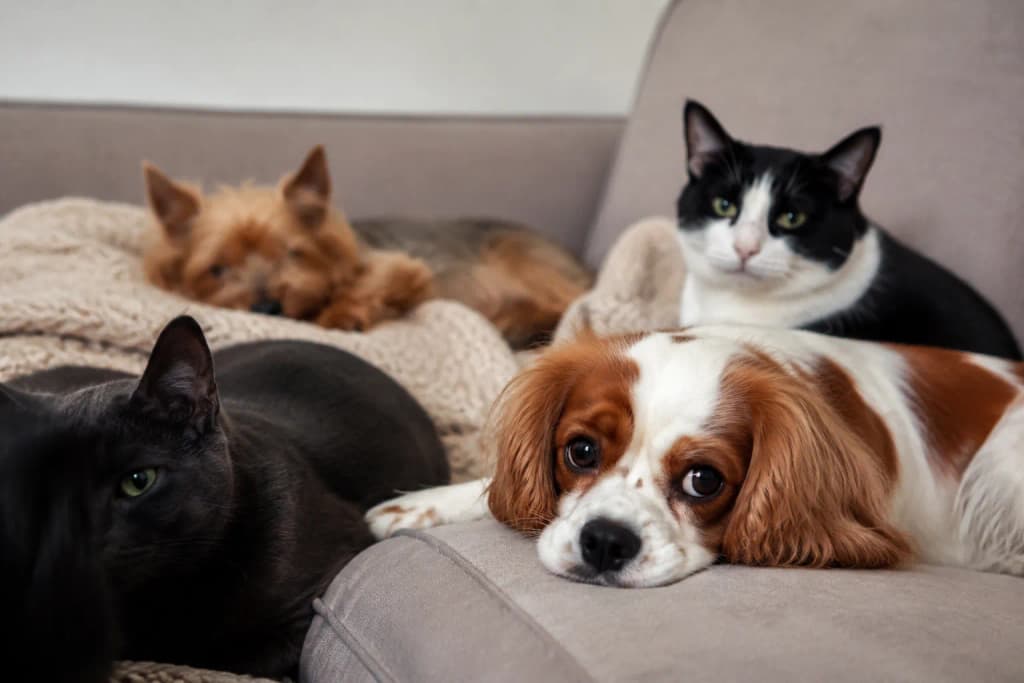 A Cavalier King Charles Spaniel resting calmly on a couch beside the family's other pets