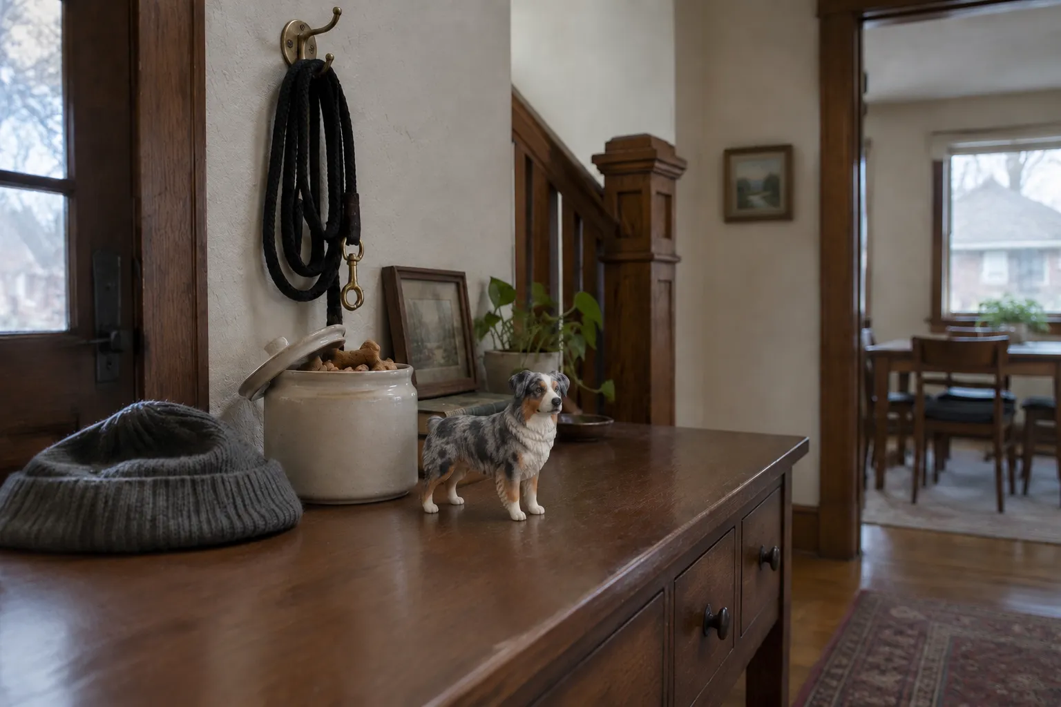A blue merle Australian Shepherd figurine on a walnut hall table beside a stoneware biscuit jar, a rope leash and a wool cap.