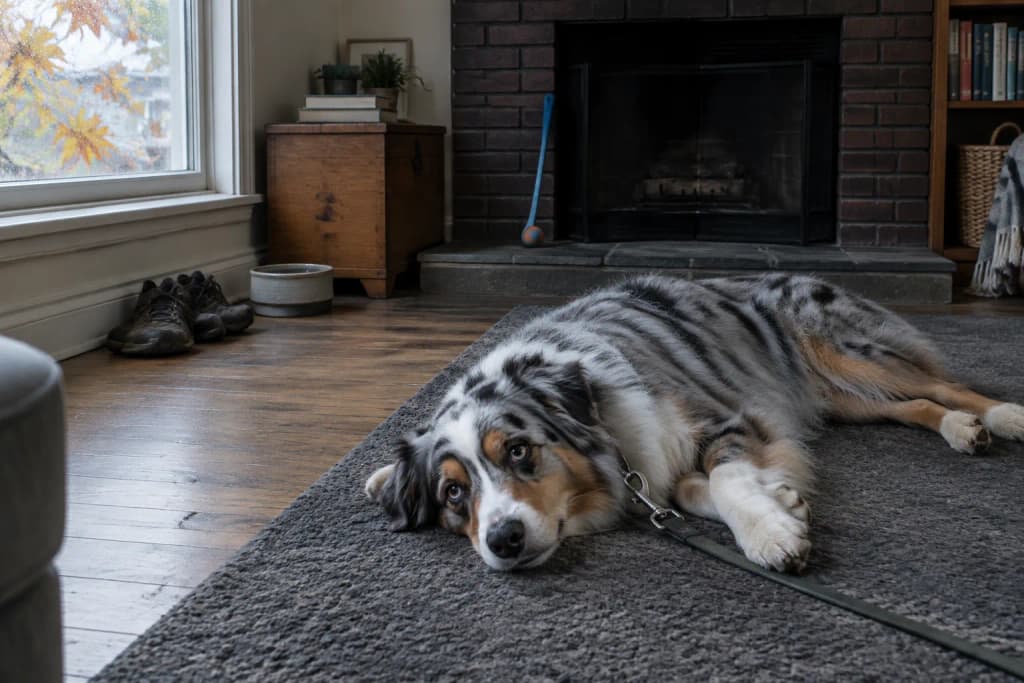 A blue merle Australian Shepherd lying flat on a charcoal wool rug on a rainy afternoon, a leash still on its collar.