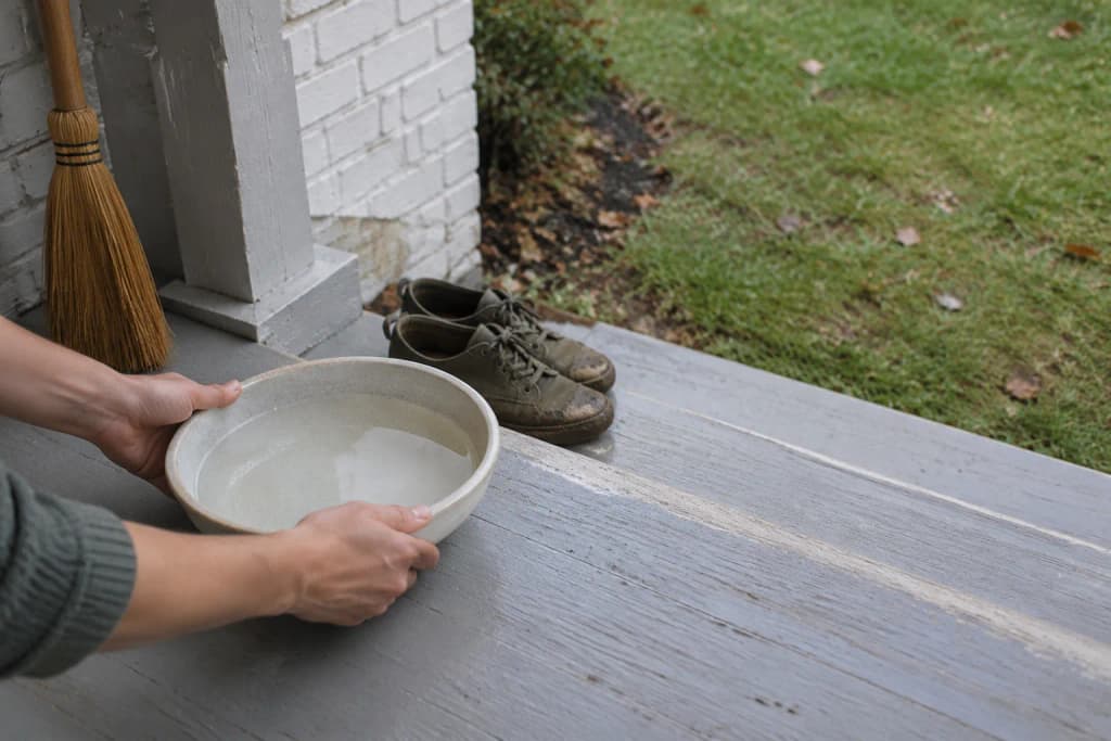 A pair of hands setting a stoneware bowl of water on a porch step in October, muddy shoes on the step below.