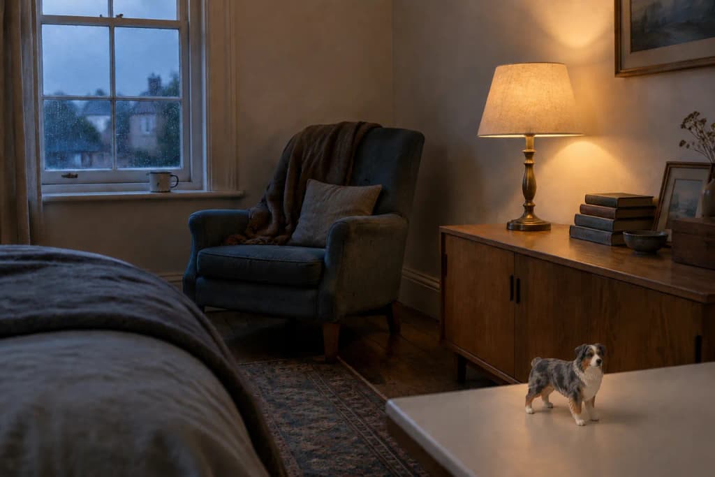 A blue merle Australian Shepherd figurine on a low oak shelf in a dim bedroom at dusk, one lamp lit, an armchair empty.