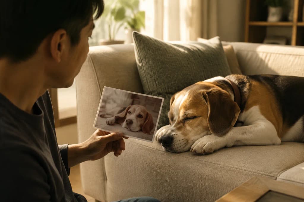 Person holding a flat photo print of their Beagle while looking at the real dog sleeping on the couch in afternoon light