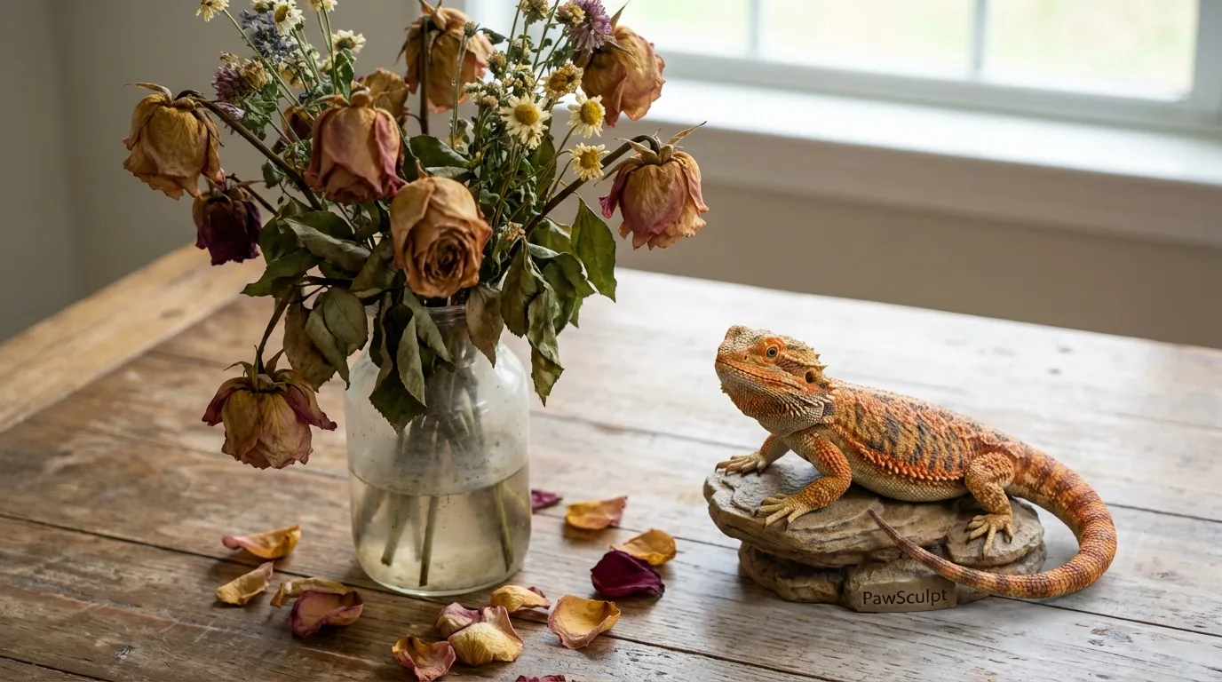 Bearded dragon figurine next to wilted flowers