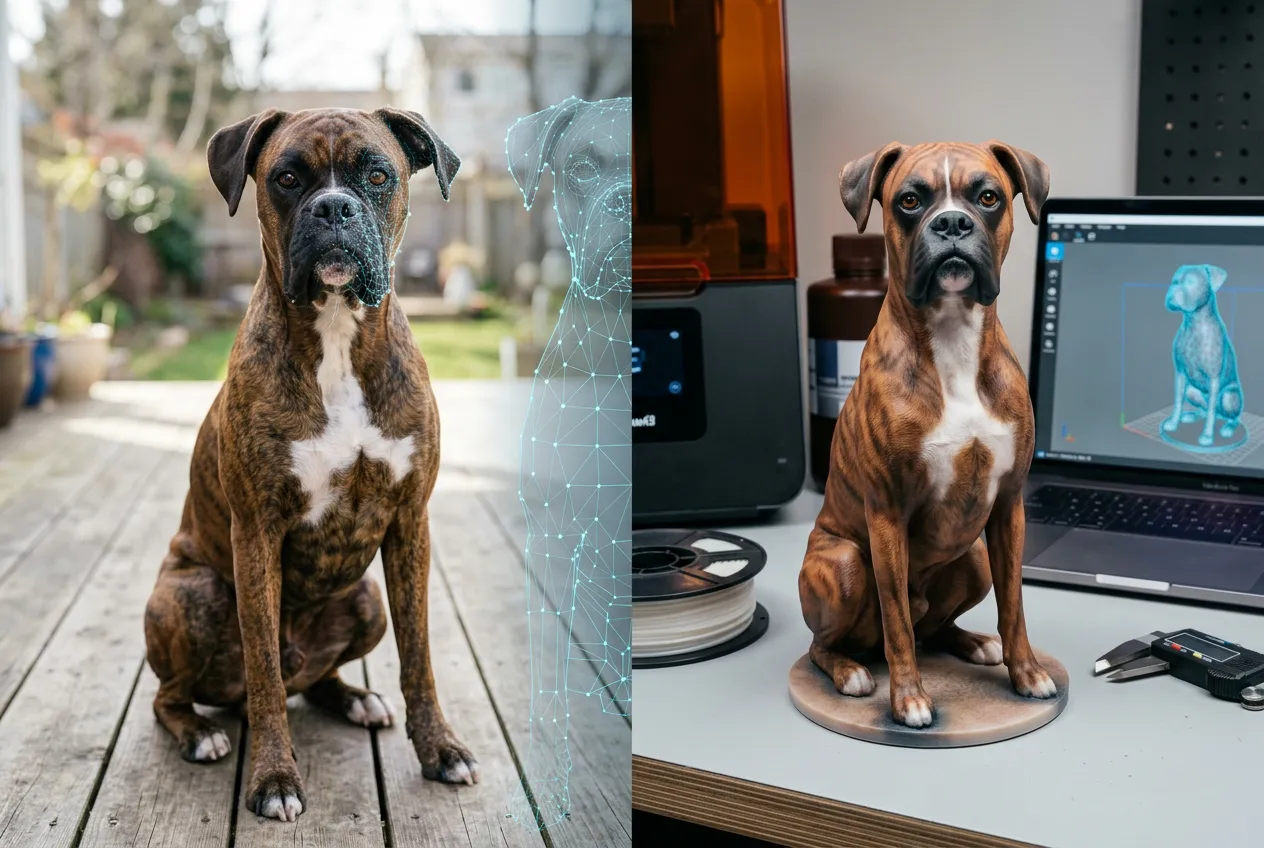 Split screen showing real Boxer photo transforming into full-color 3D printed resin figurine with process overlay